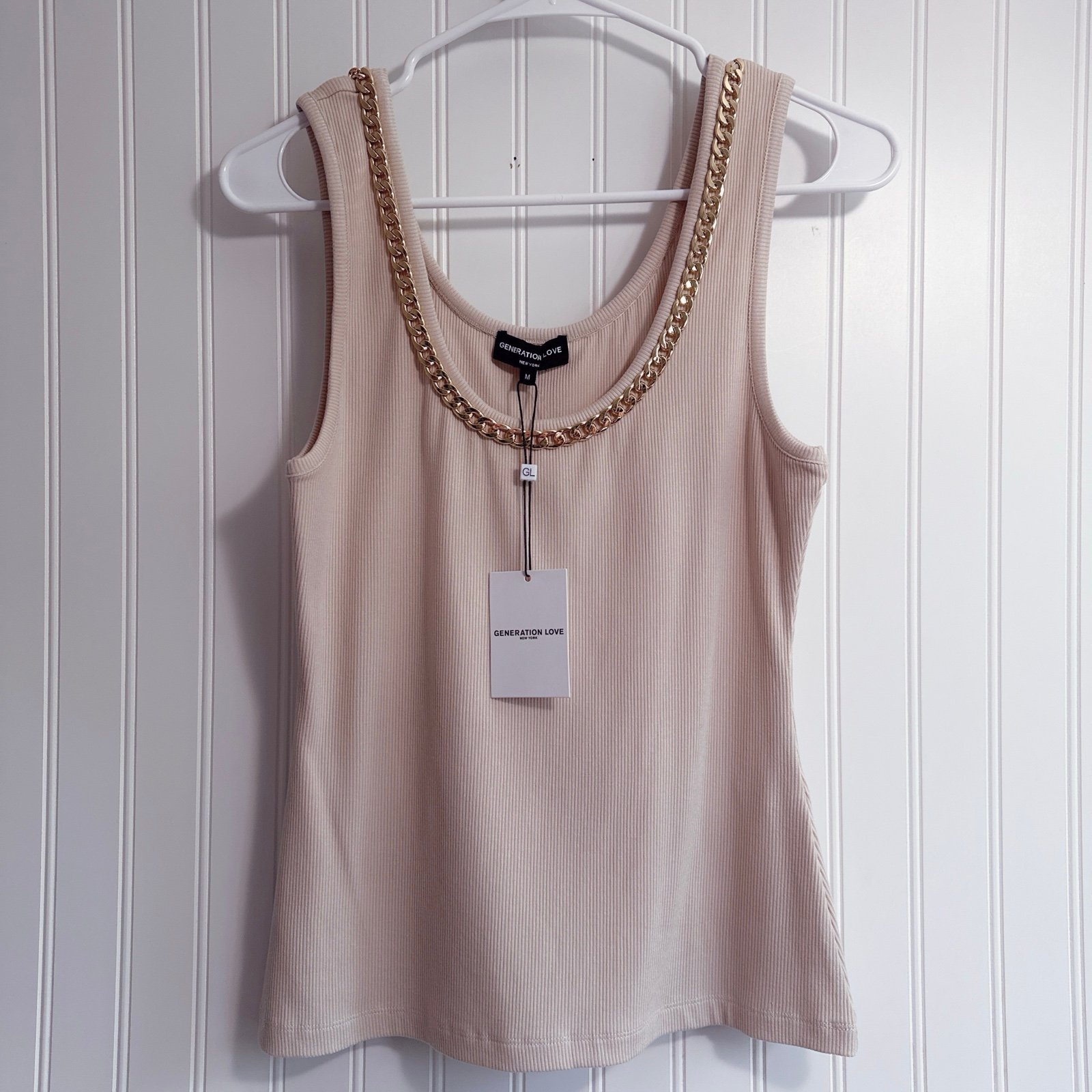 Generation Esther Gold Chain Embellished Tank Top In Cream/Tan NWT