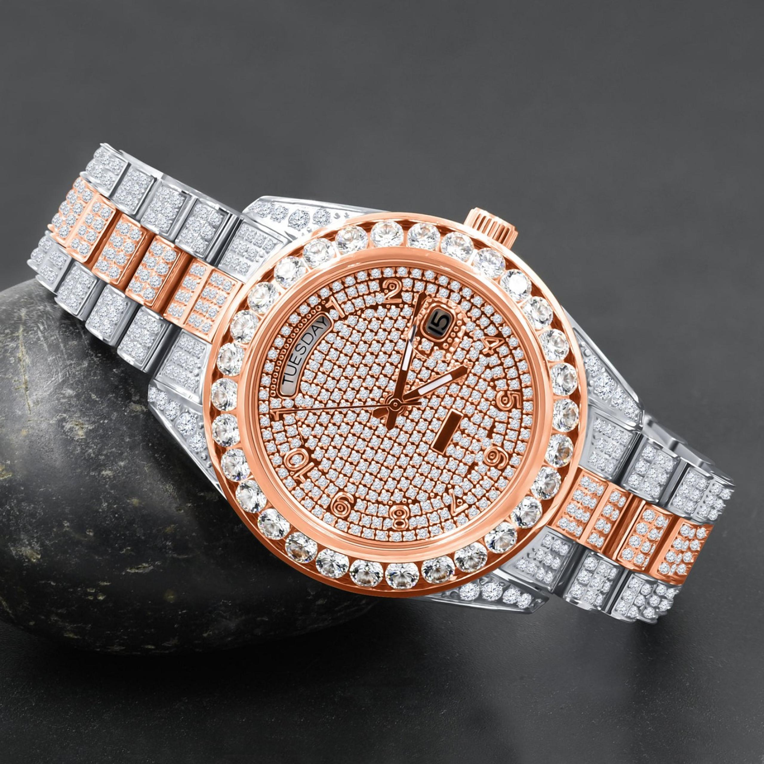 Bling master iced out buss down - 2 tone rose gold - automatic presidental band
