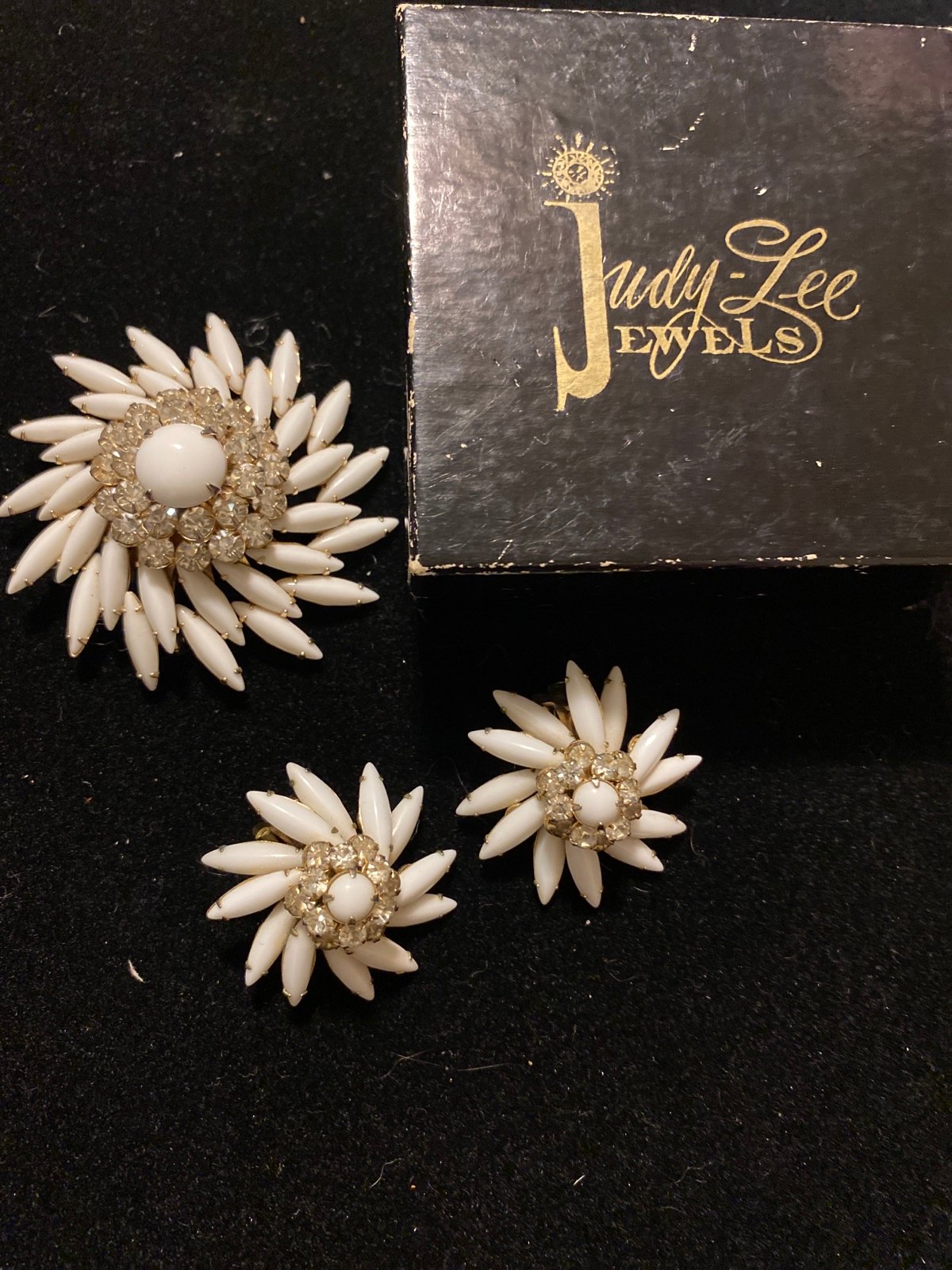 vintage Judy Lee Brooch White Glass Rhinestone brooch&clip on earrings