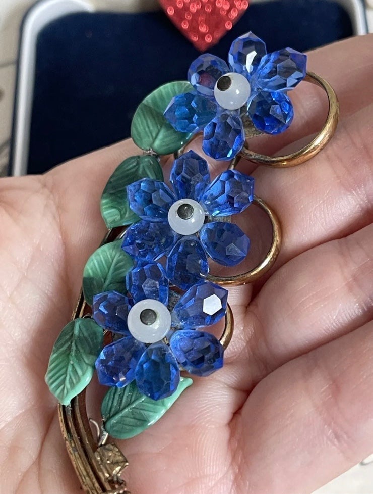 vintage brooch Flower Bouquet blue color glass 1920s-40s 3+ Rare For Collection