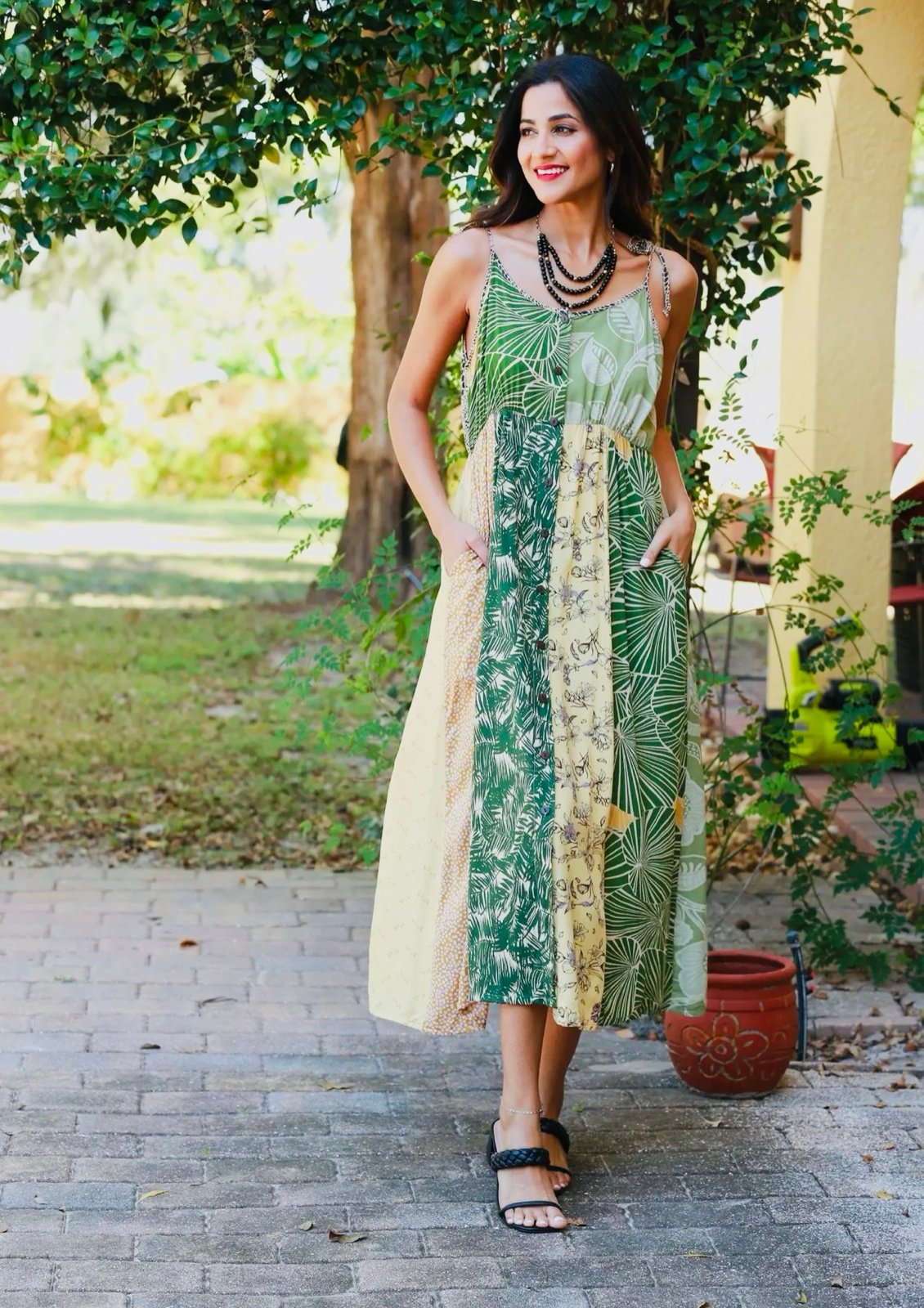 Fair trade botanical floral patchwork Green Yellow Vegan A Line Maxi Boho Dress
