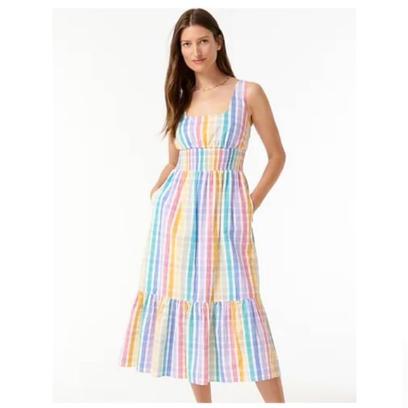 NWT J. Crew Midi Dress 100% Cotton Square Neck Rainbow Gingham Smock Waist Sz 4