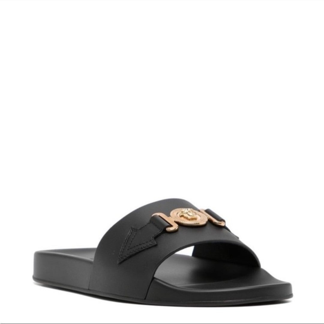 Versace la medusa plaque logo leather slides sandals NWB