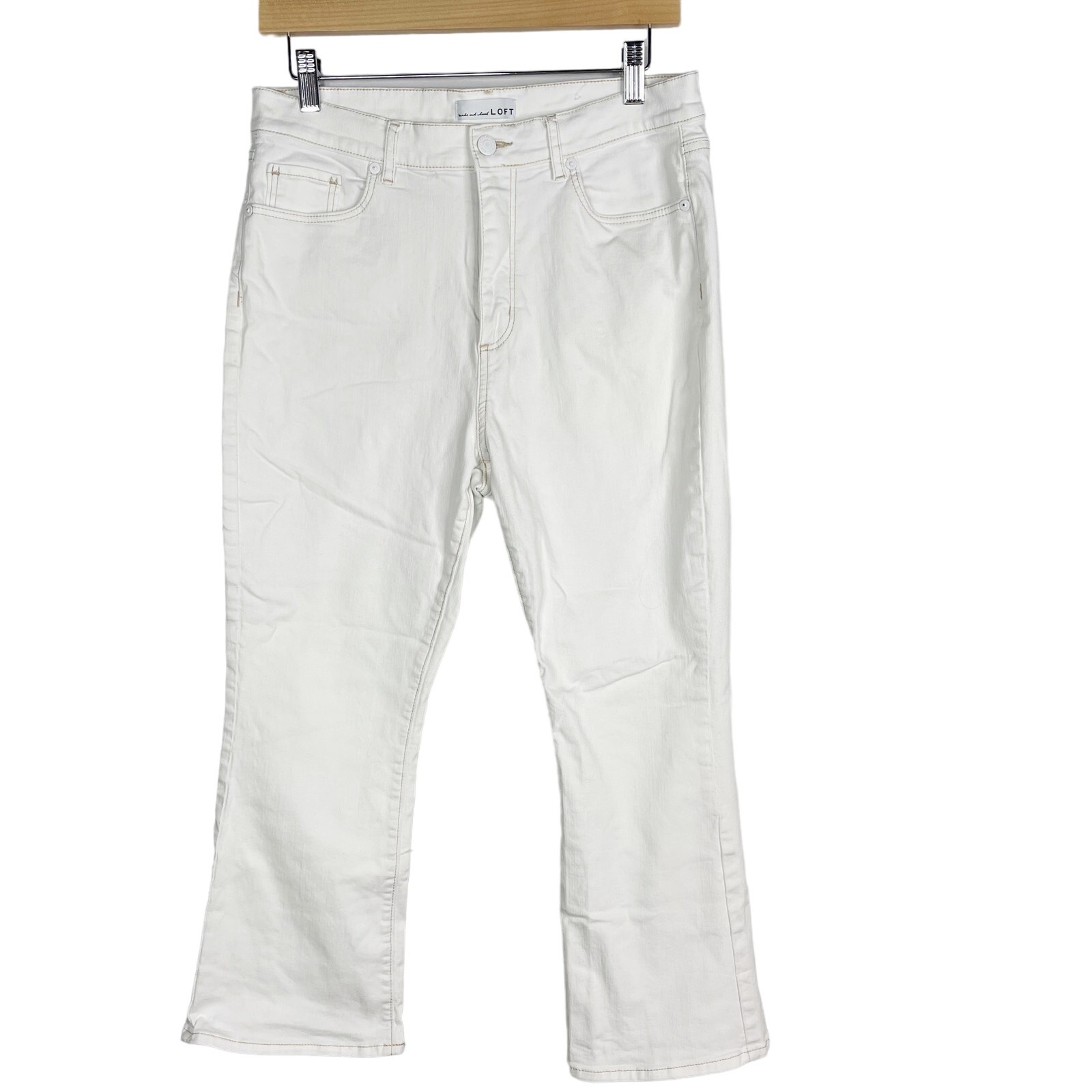 LOFT Size 30 / 10 Petite White High Rise Kick Crop Jeans Cotton Stretch Flare