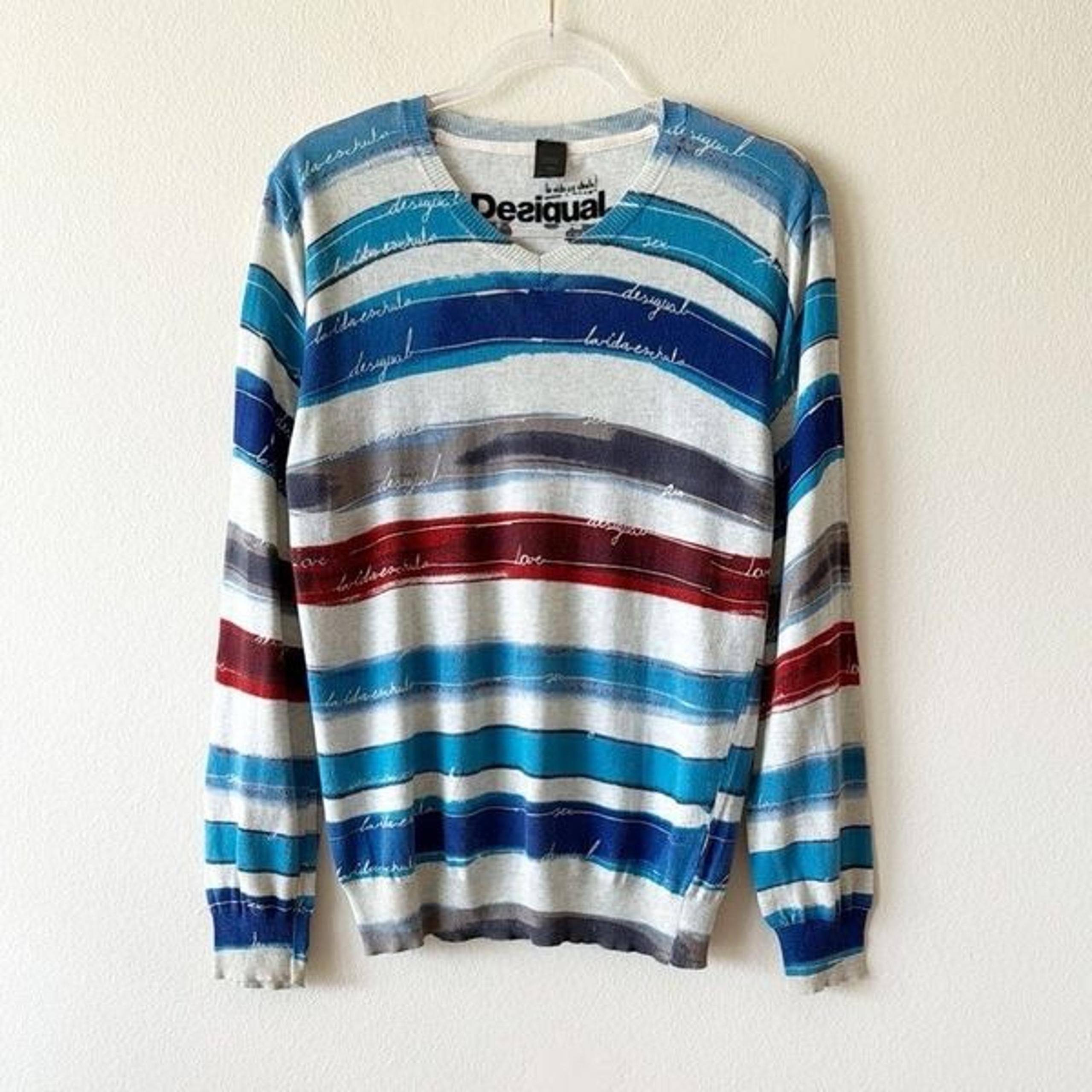 Desigual Illustration Stripe V Neck Thin Knit Pullover