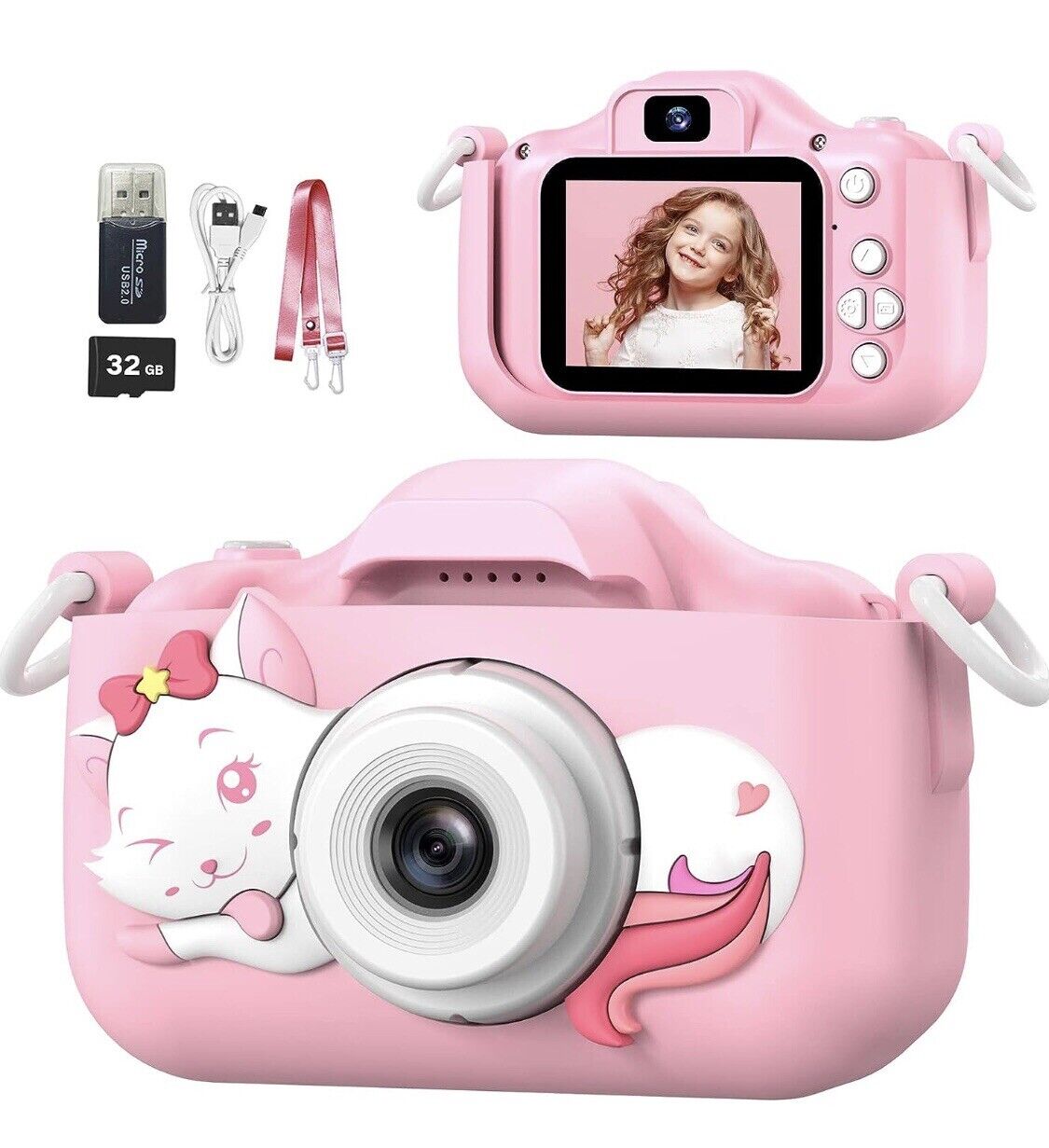 Kids Camera, Toddler Girl Digital 1080P Upgrade Camera 32GB SD Card - Pink