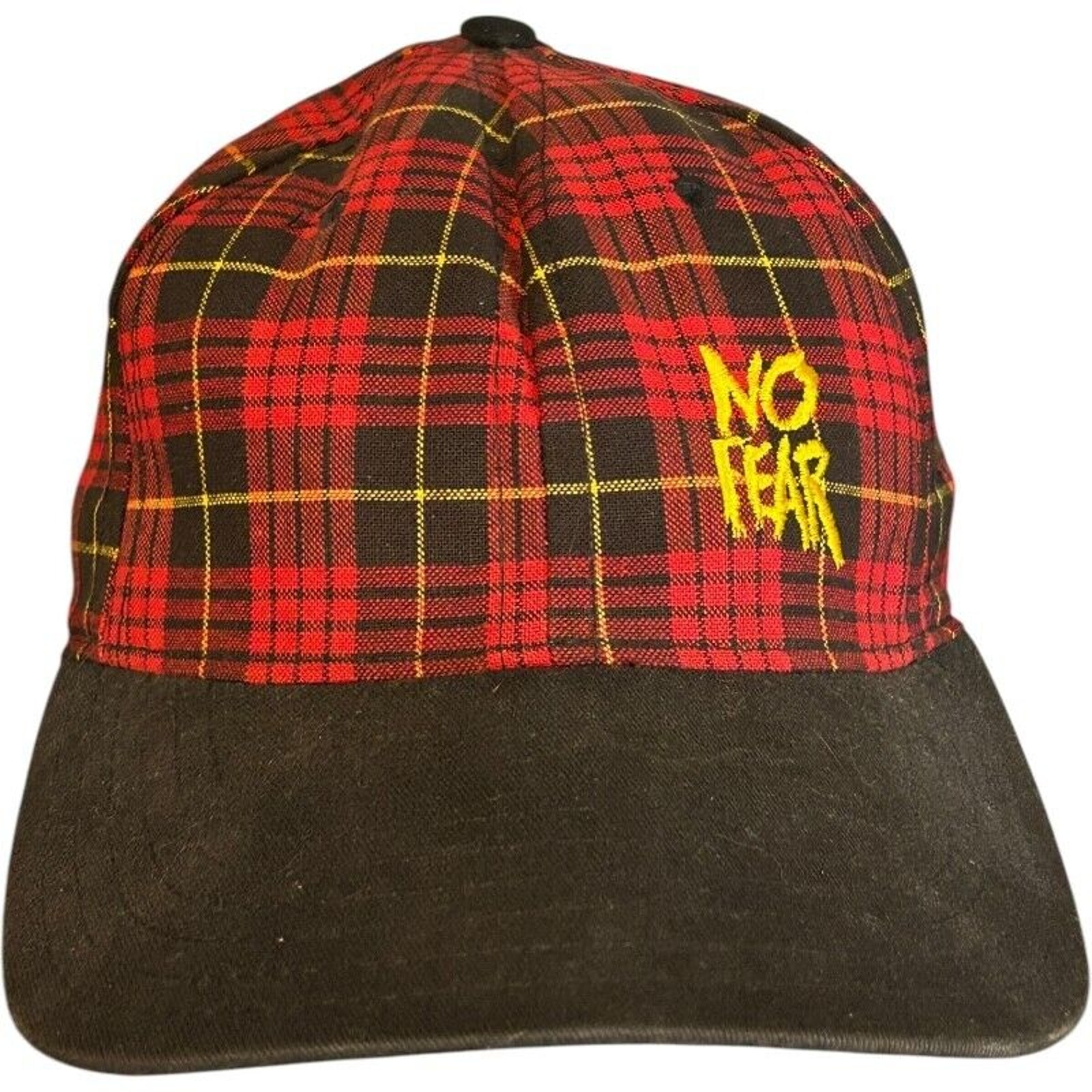 VTG 1990s No Fear Red and Black Plaid Design Snapback Hat OSFA - Made in USA