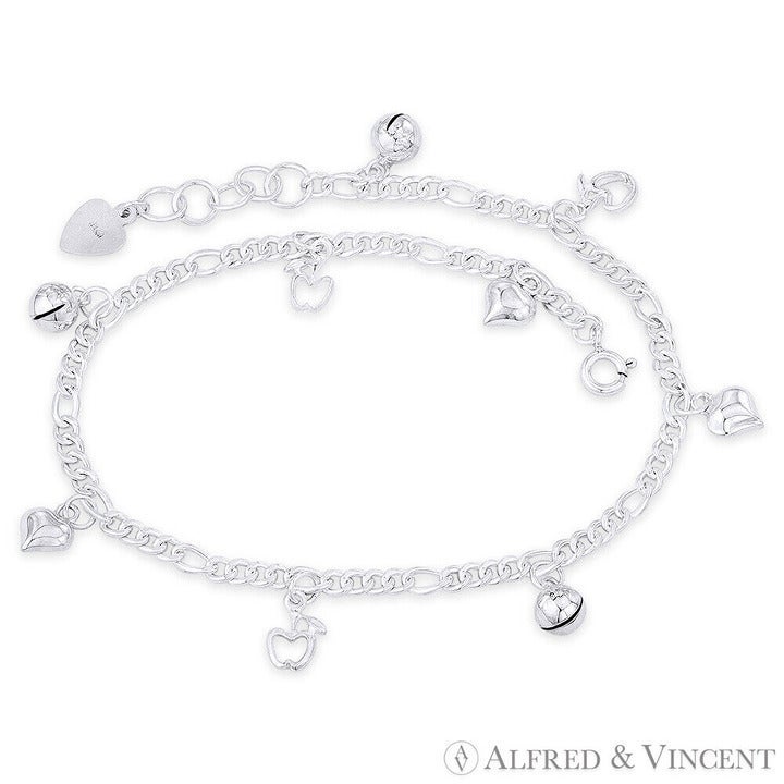 Apple, Heart, Ringing Balls & 3.5mm Figaro Anklet in .925 Sterling Silver - 10