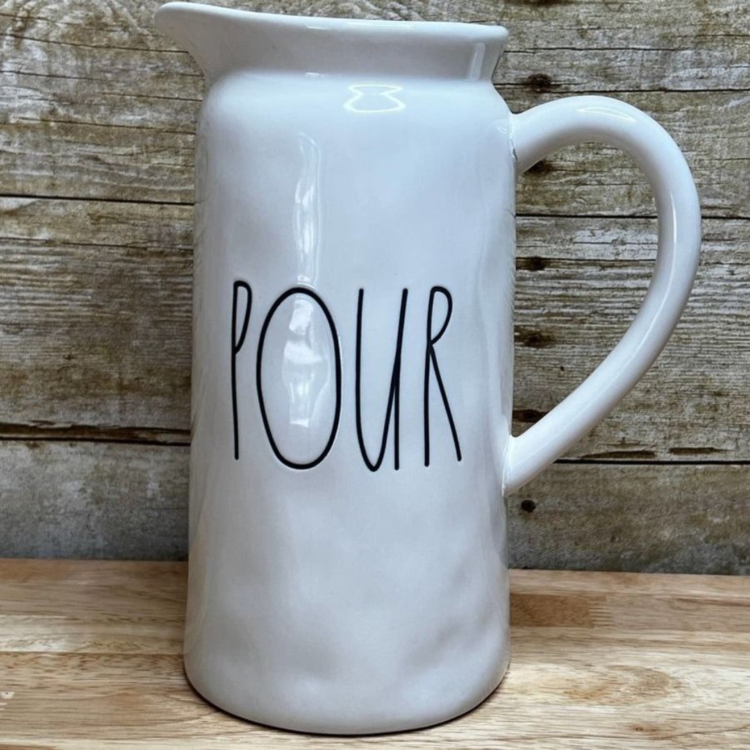RAE DUNN LARGE LETTER POUR WHITE DIMPLED CERAMIC PITCHER.