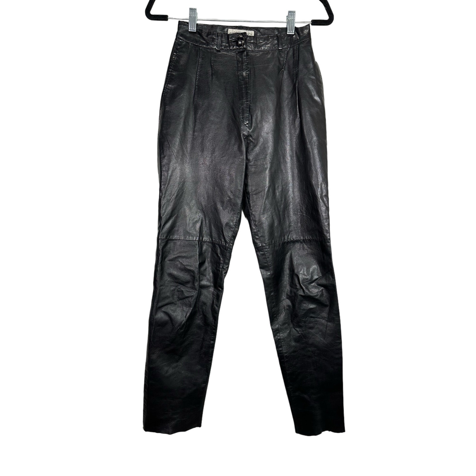 Vintage 1980s PIA RUCCI Black 100% Leather High Waist Pants Tapered Leg size 6