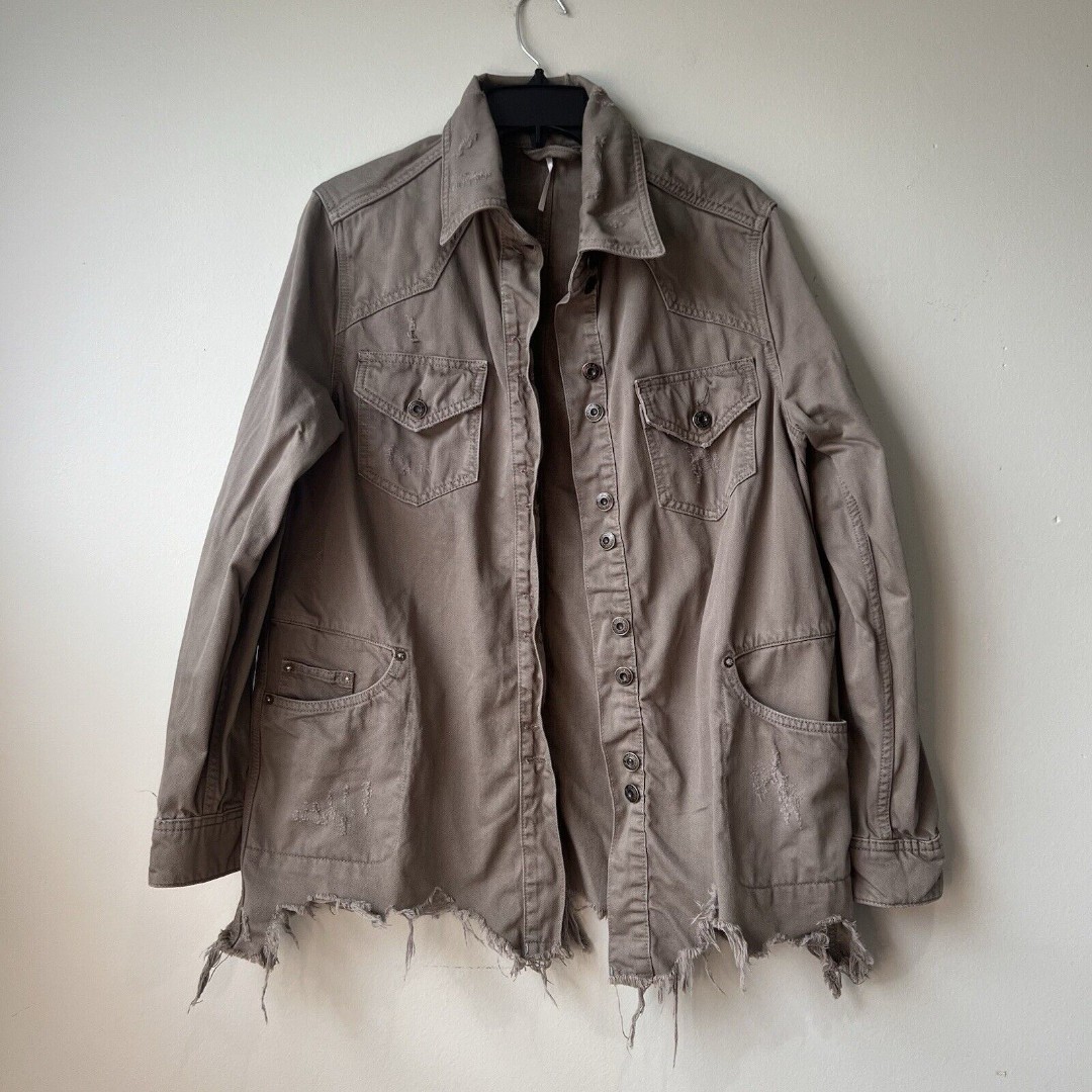 Free People Moonchild Denim Shirt Jacket Moss Green Sz XS Distressed EUC