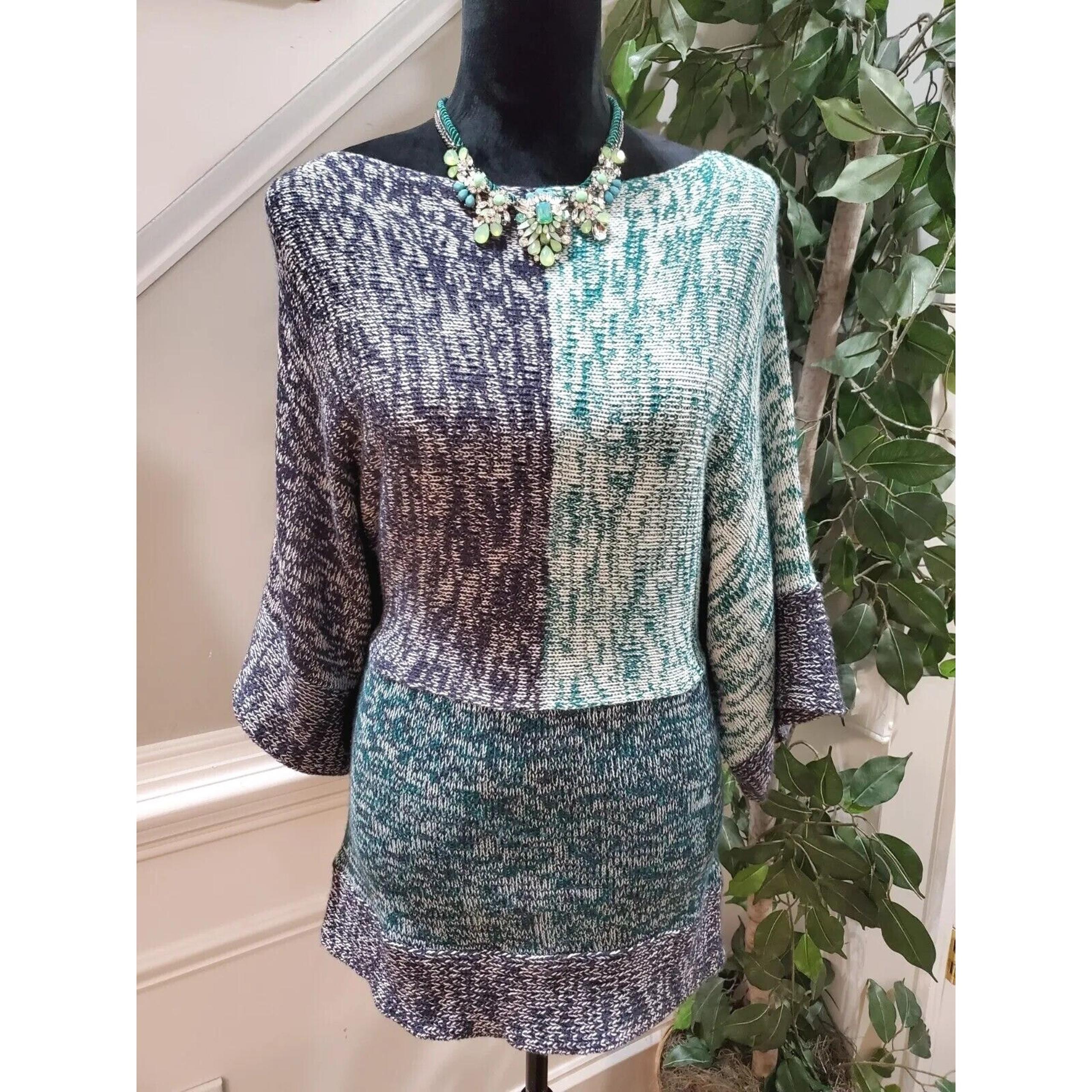 Vintage Suzie Women Gray/Green Acrylic Boat Neck Long Sleeve Pullover Sweater L