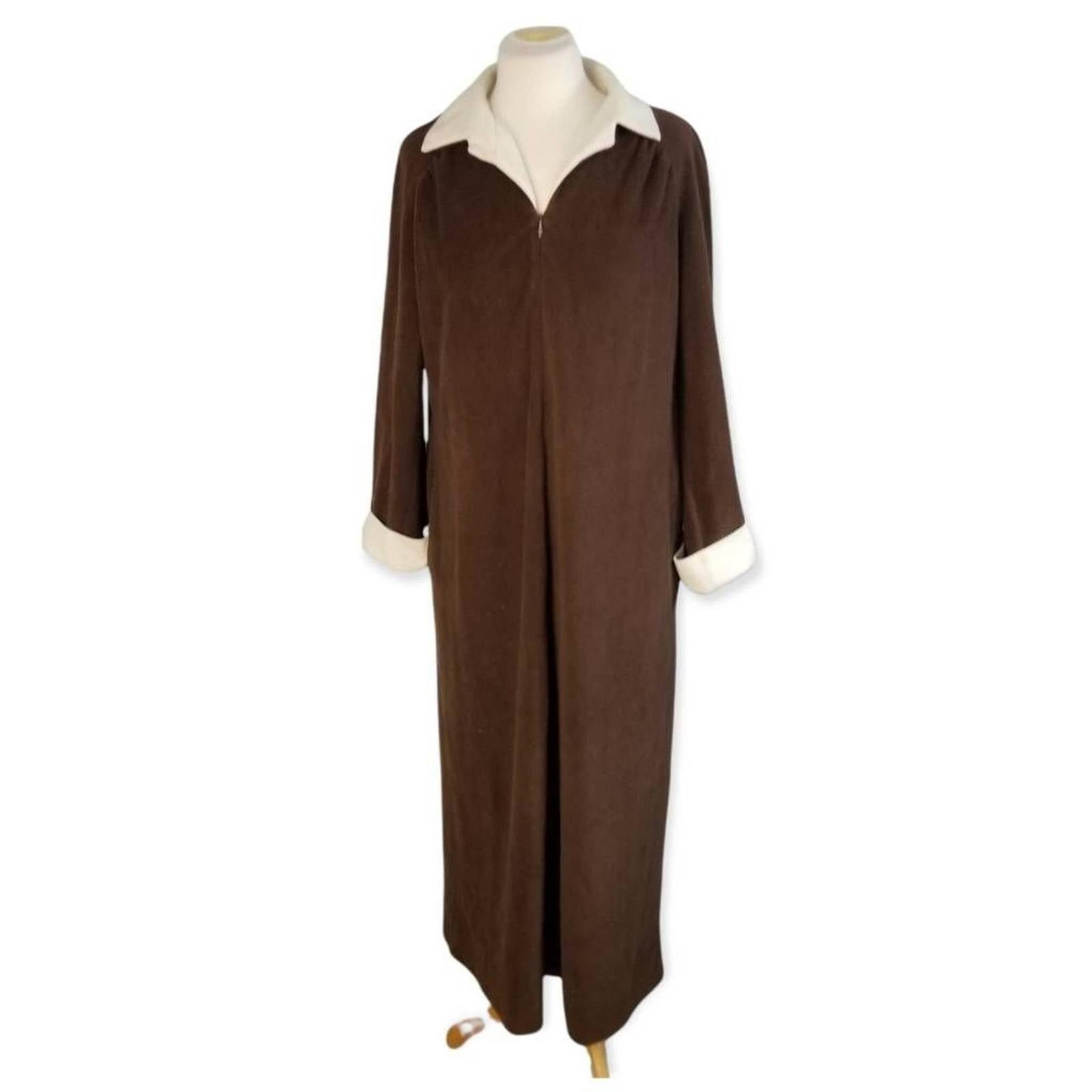 Vanity Fair Womens Fleece Housecoat Robe Brown 1/4 Zip Collared Vintage M