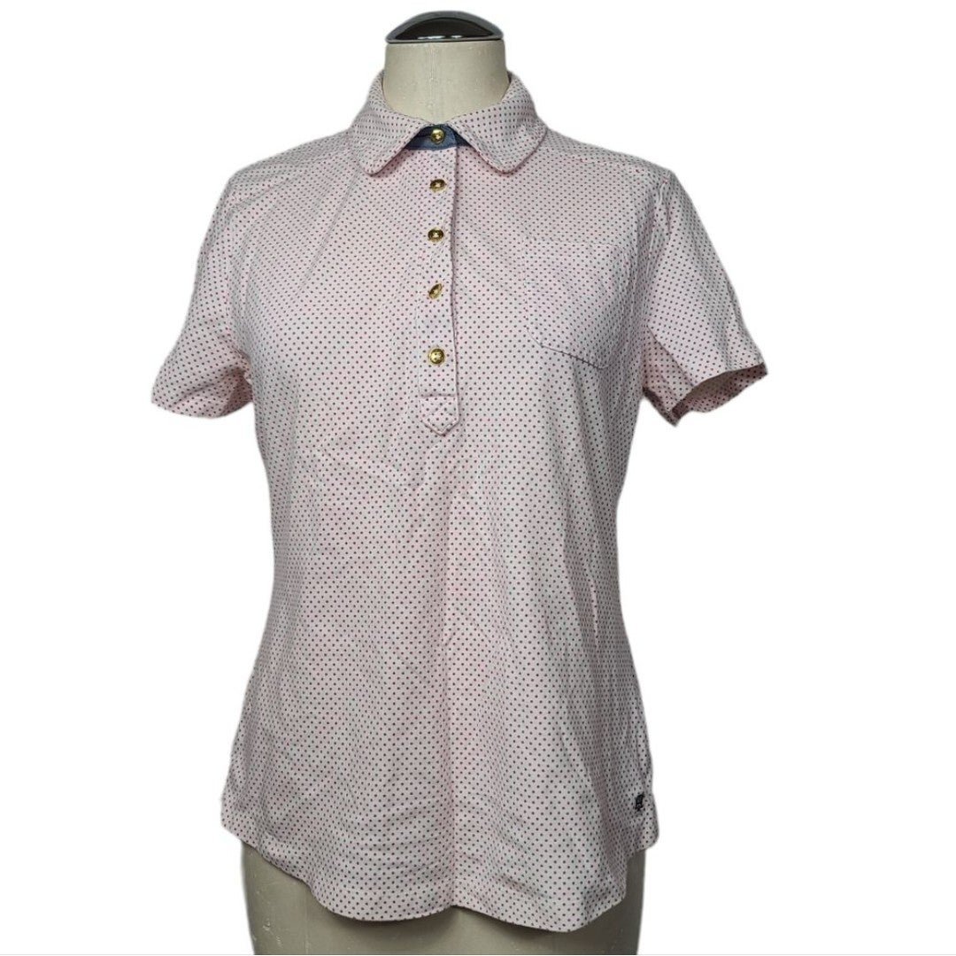 Tommy Hilfiger White Pink Polka Dot Half Button Down Short Sleeve Polo Shirt L