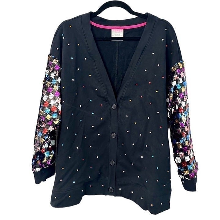 Terez Jeweled and Sequined Cotton Button V-Neck Jacket Black Size XL NWOT