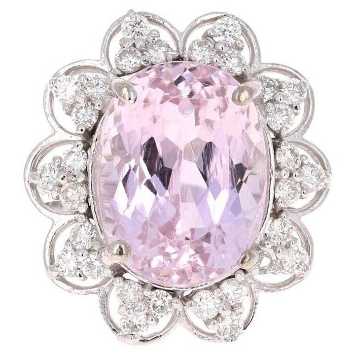 10.65Ct Natural Oval Pink Kunzite & Diamond Halo Solitaire Ring 14k White Gold