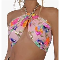 Sequin Floral Backless Halter Floral Crop Top