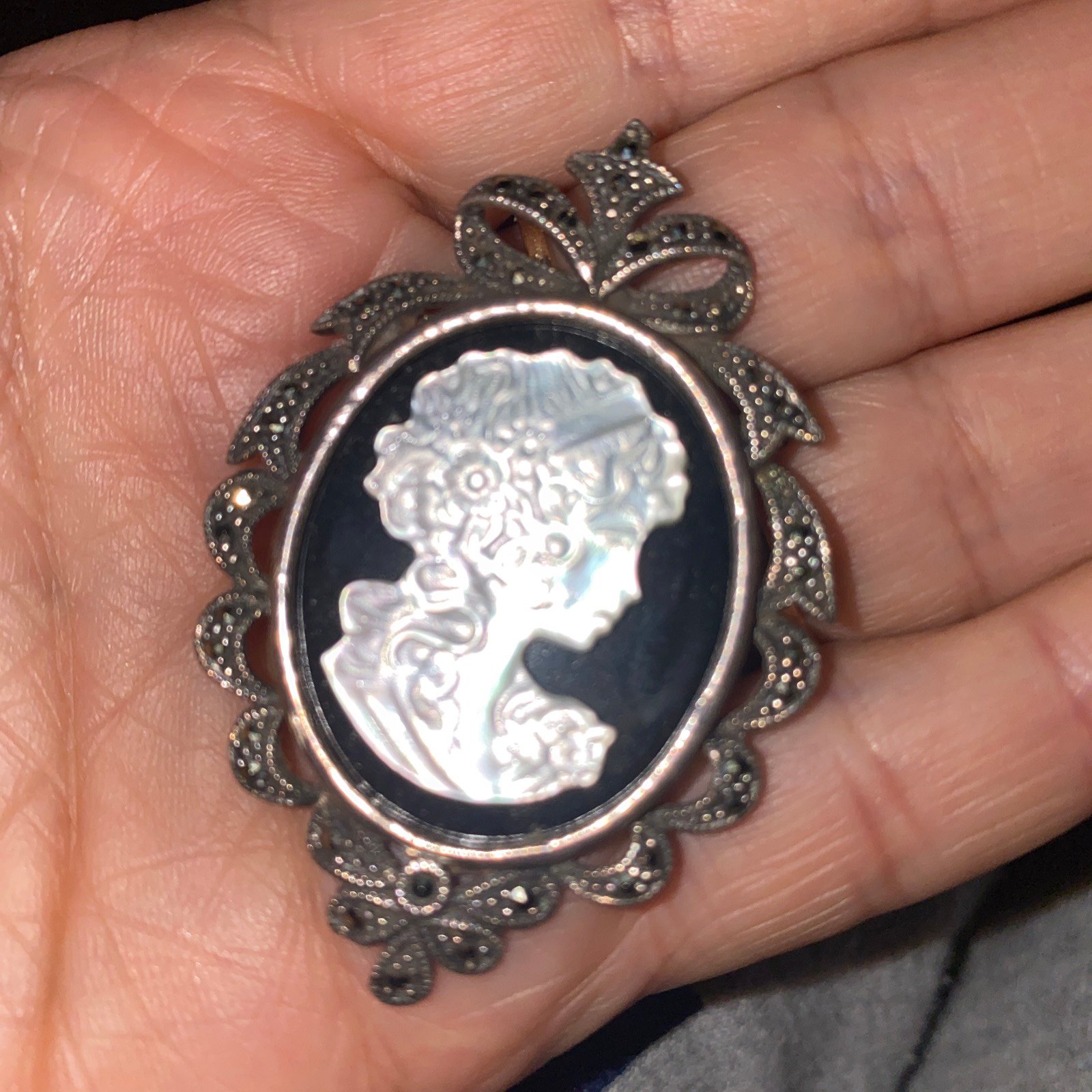 Marcasite Onyx Sterling Silver Cameo Brooch/Pendant Pin Vintage Art Nouveau Meas