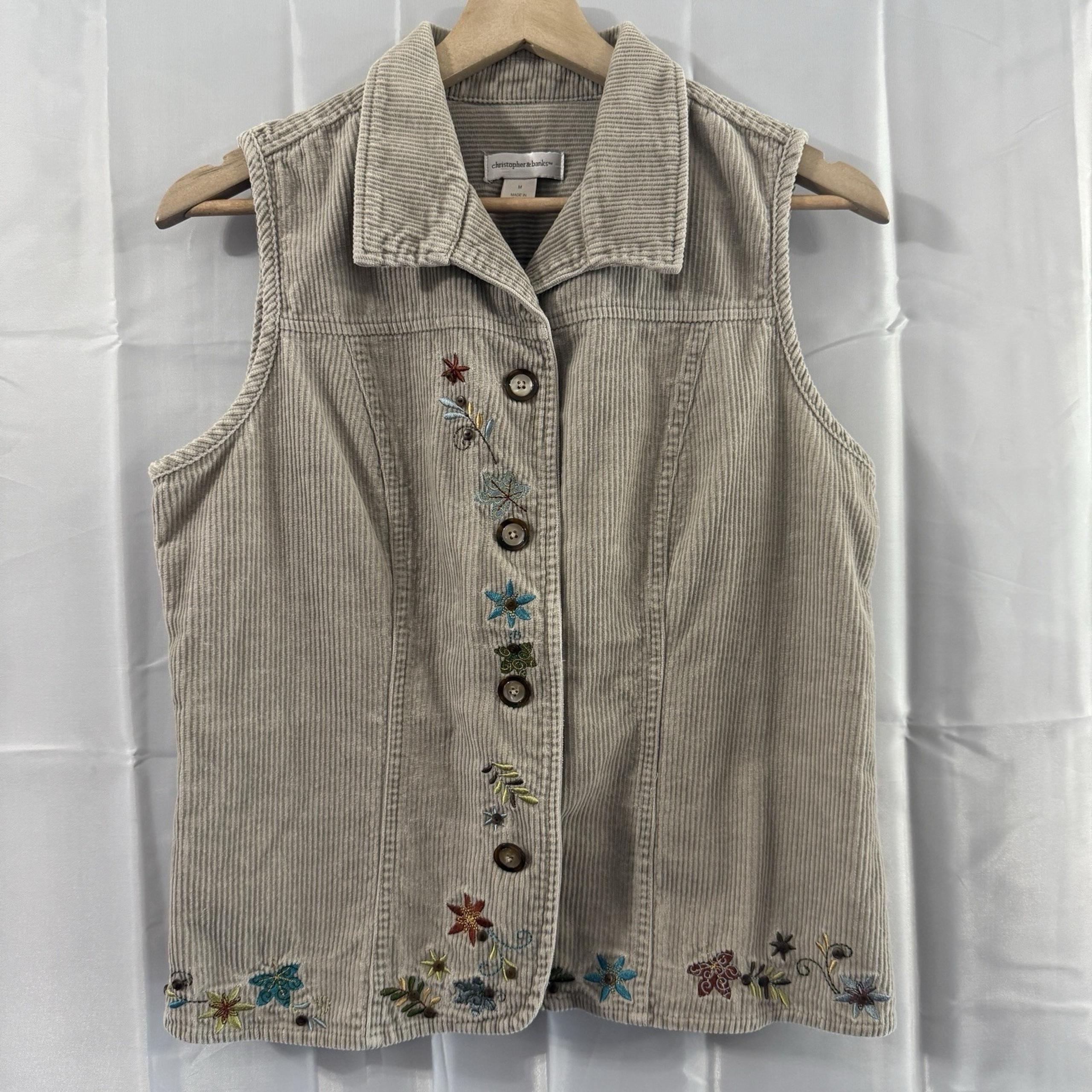 Christopher Banks M Tan Corduroy Vest Cottagecore Embroidered Floral