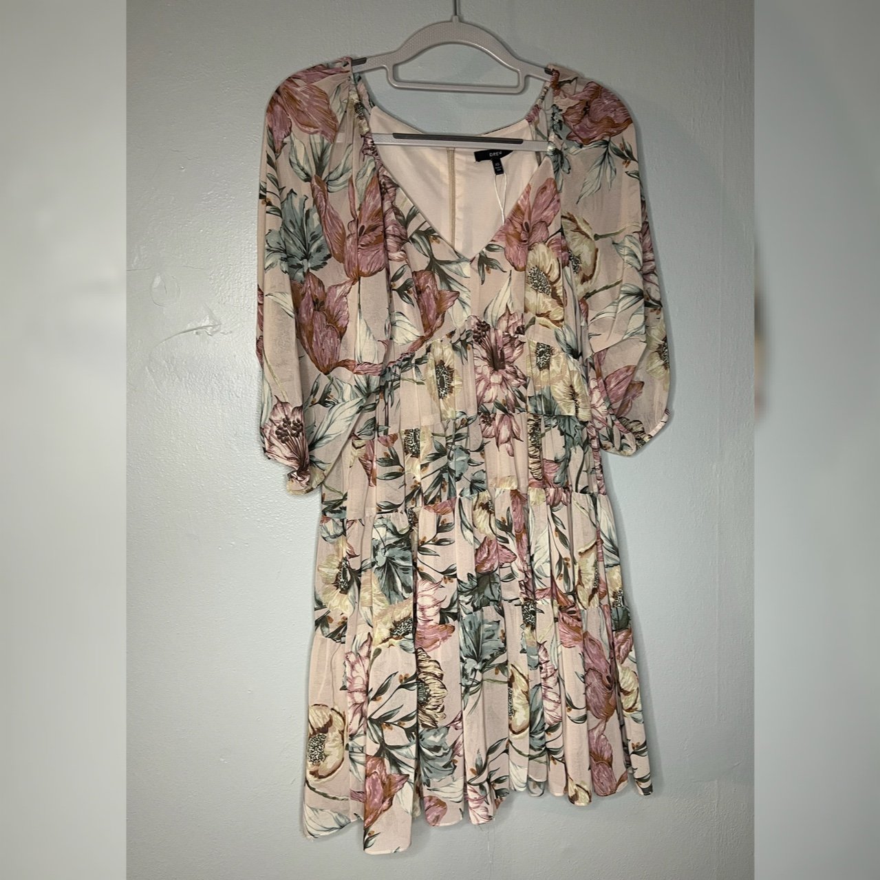 Anthropologie Drew 3/4 puff sleeve floral print fit and flare tiered mini dress