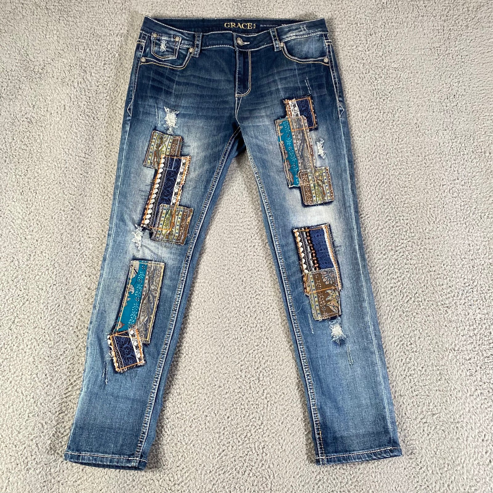 Grace In LA Slim Slouch Jeans Womens 27 (31x28) Blue Patchwork Mid Rise Boho