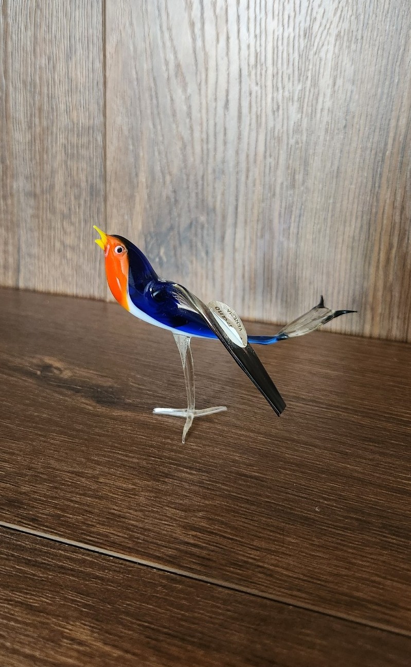 Vintage Murano Orange Blue Blown Glass Bird Figurine Dainty Decor