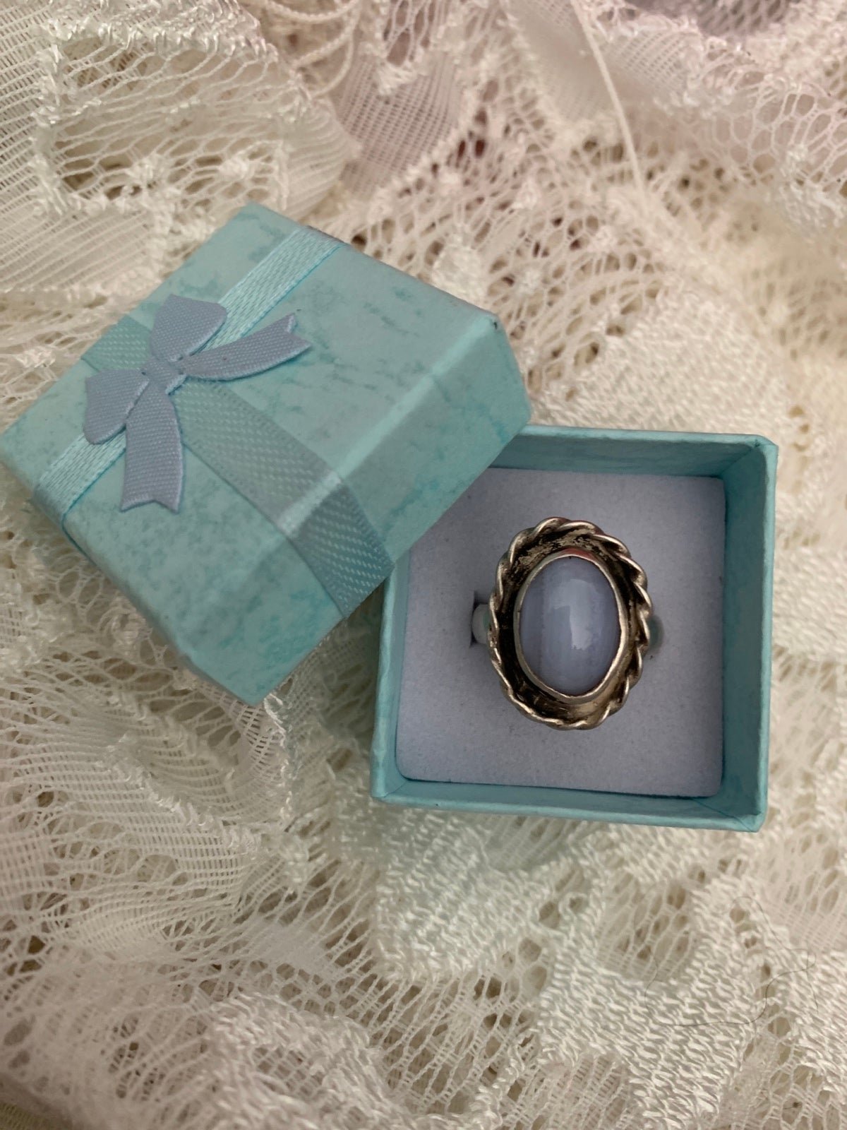NATIVE/VINTAGE - Blue Rainbow Moonstone Bezel Set Ring W/Twisted Rope Design