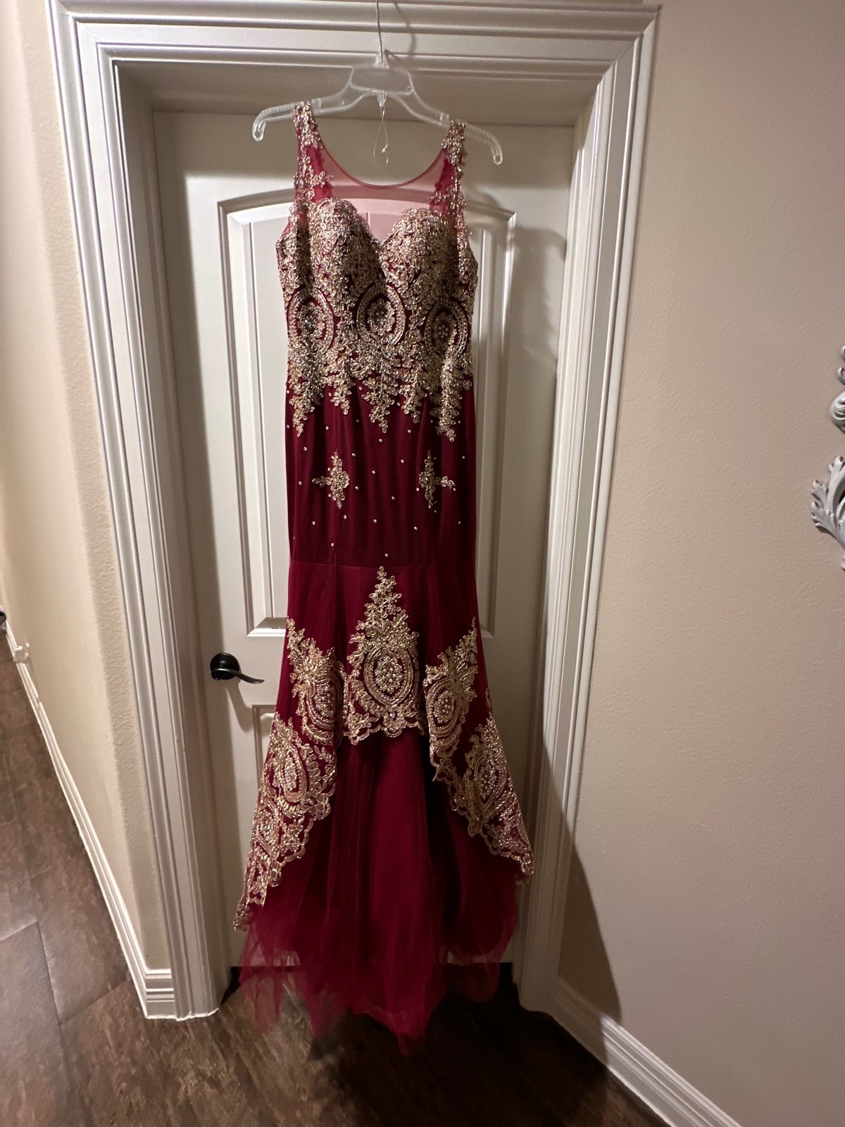 Burgundy/Red and Gold Prom Dress