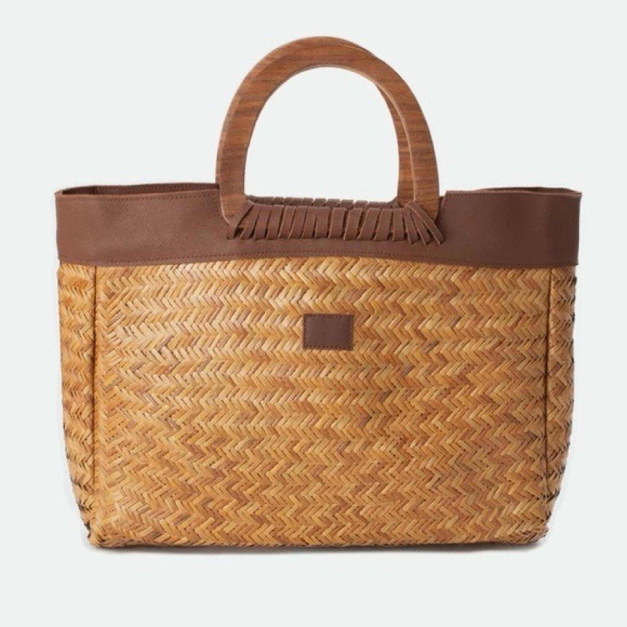 Brixton Straw Woven Tote Natural Brown Bag Top Wood Handle Tote Carry All NWOT