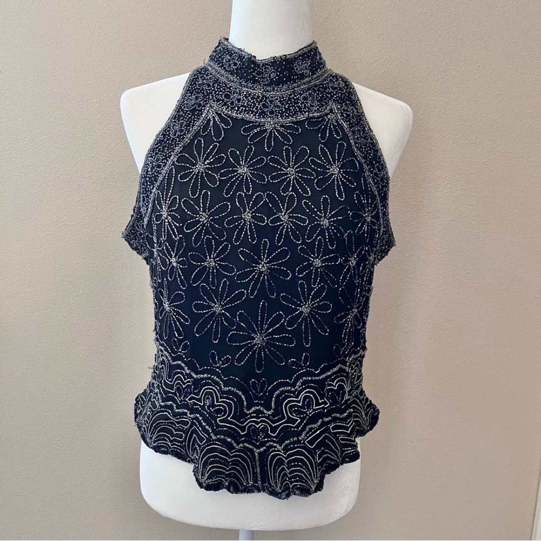 Papell Boutique Evening Beaded Formal Halter Top Black Silver Silk Flowers Large