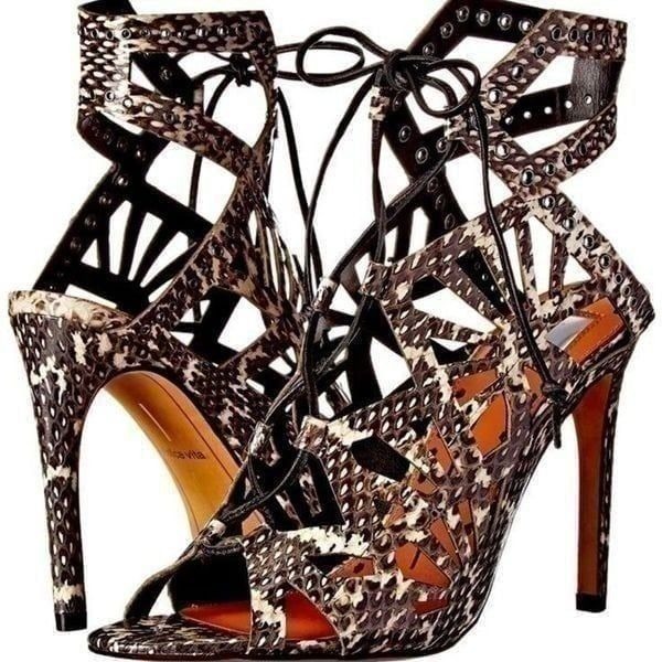 Dolce Vita Helena Lace Up Cutout Heel Sandal Black /White Snake Leather Size 9