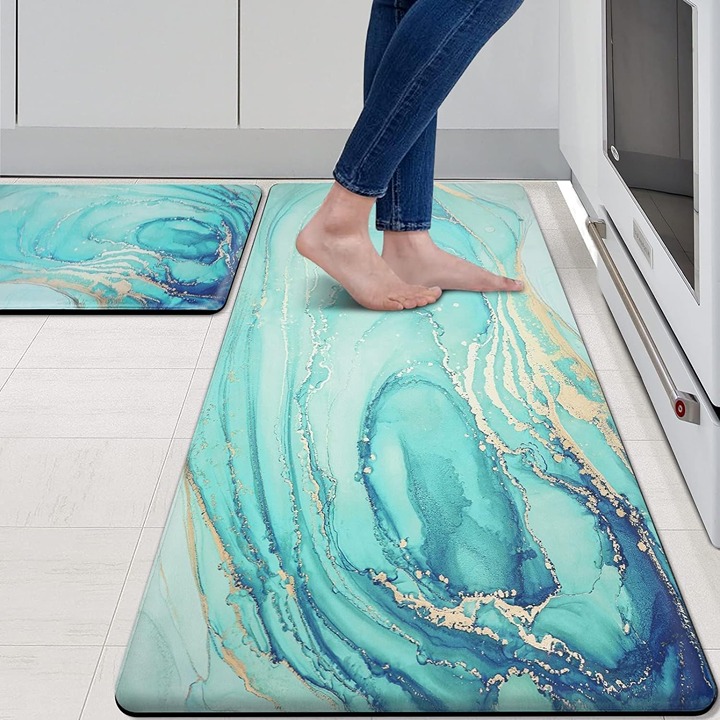 Kitchen Rugs and Mats Set of 2 Teal Marble Gold Anti Fatigue Mat