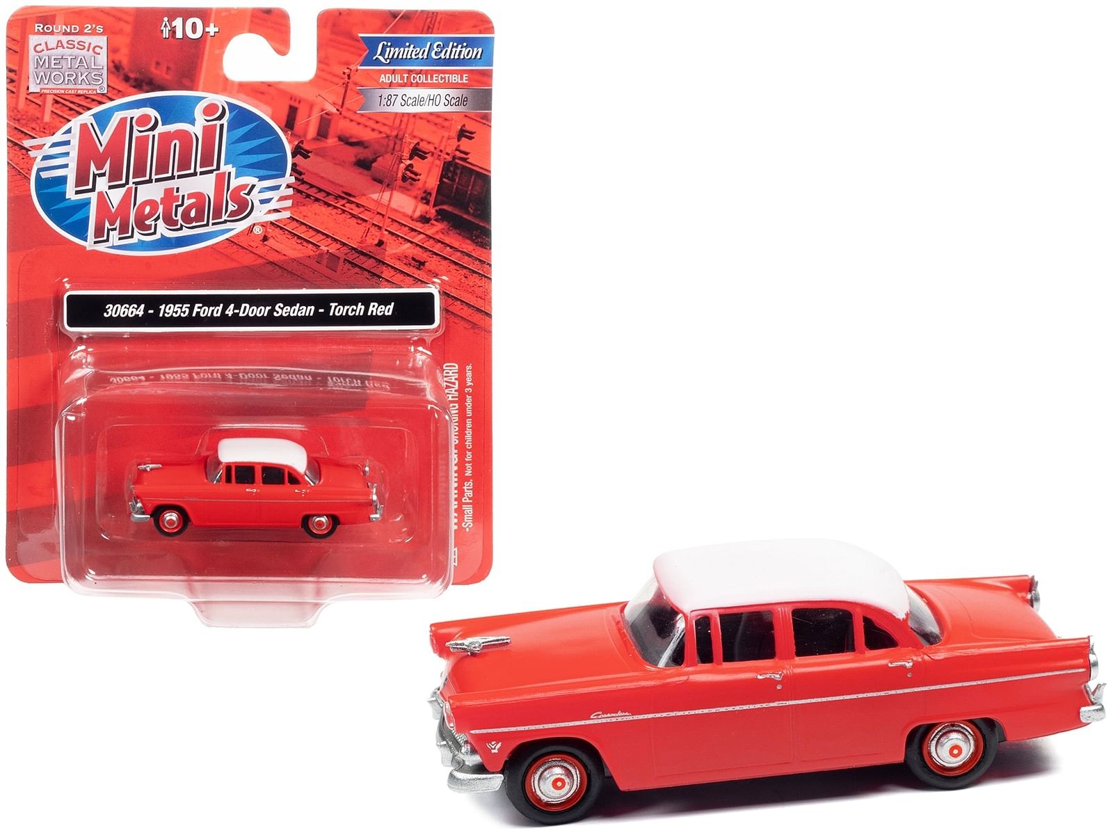 1955 Ford 4-Door Sedan Torch Red with White Top 1/87 (HO) Scale Model Car by Cla