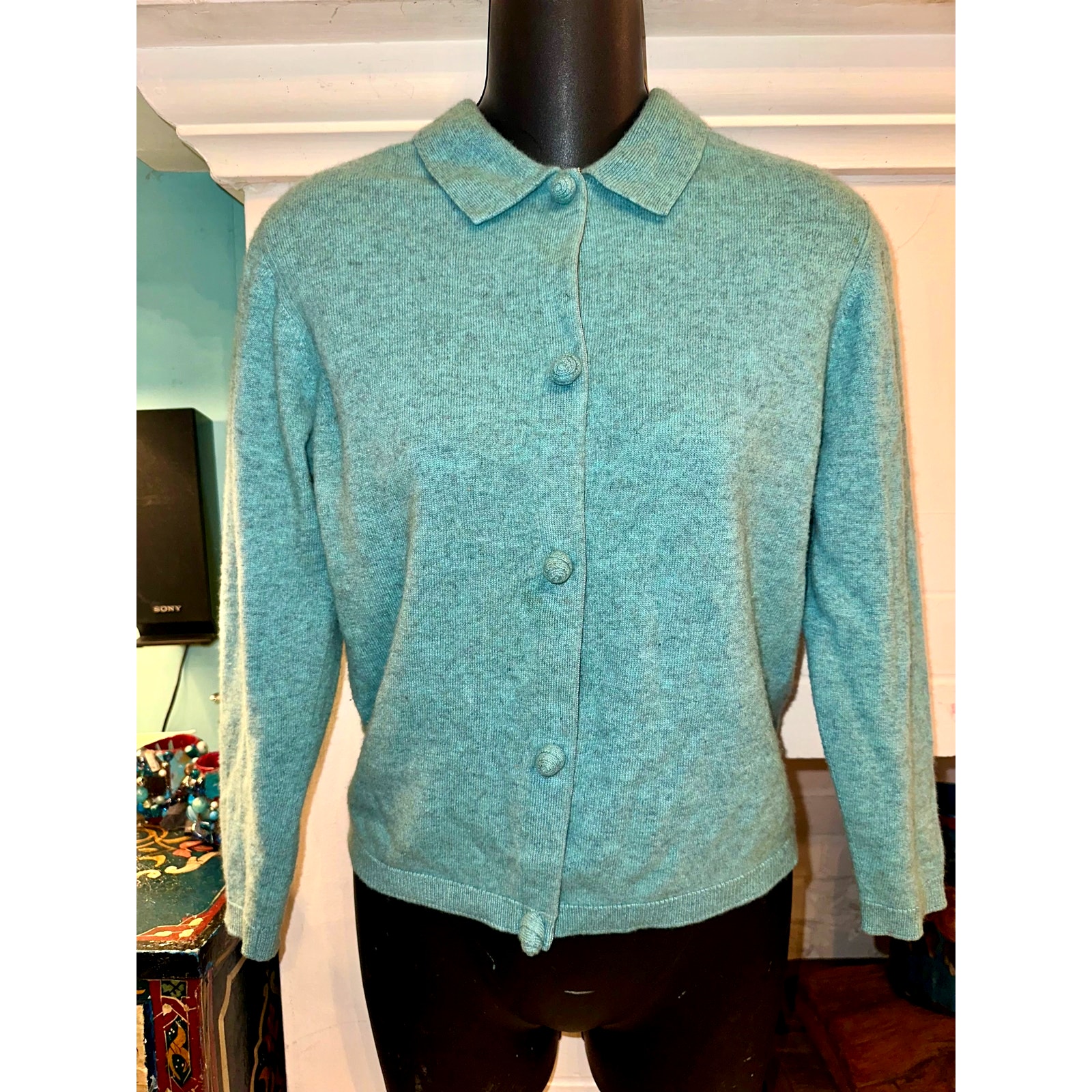VINTAGE BRAEMAR SCOTLAND AQUA HEATHER 100% CASHMERE CARDIGAN SWEATER SO SOFT!