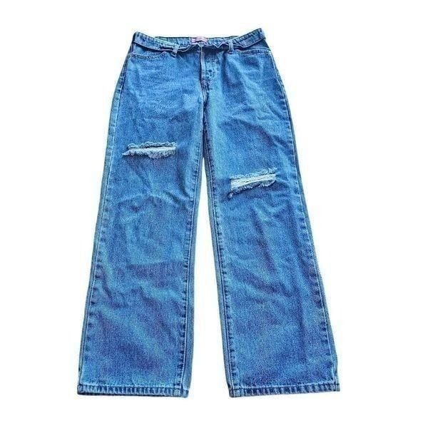 Edikted juniors Sz L blue distressed flared foldable waist jeans