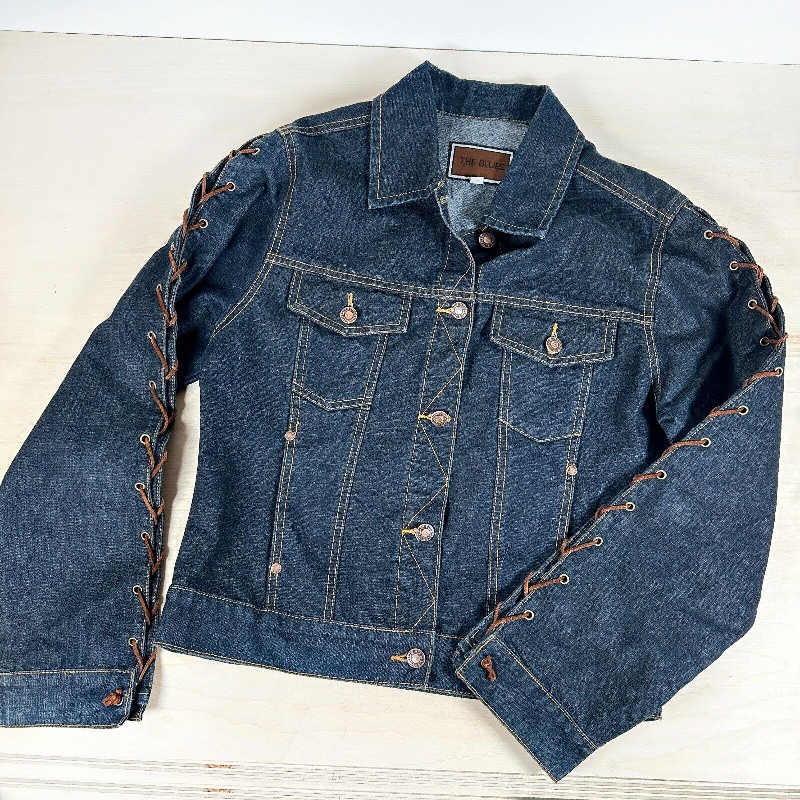 NWOT - THE BLUES | Dark Wash Jean Jacket Lace Arms Southwestern Jean Western L