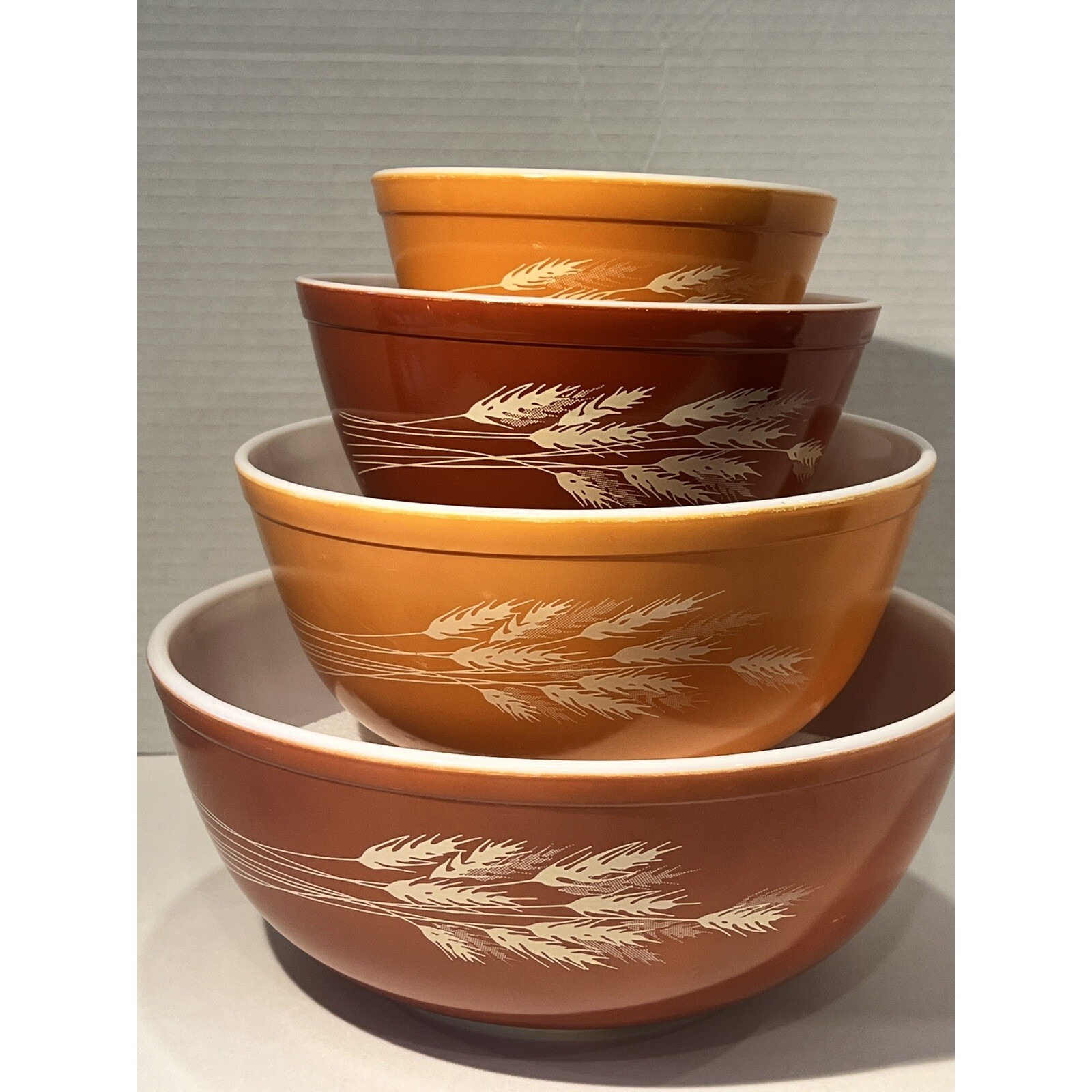 Vintage Autumn Harvest Wheat Pyrex Complete Mixing Bowl Set 404, 403, 402, 401