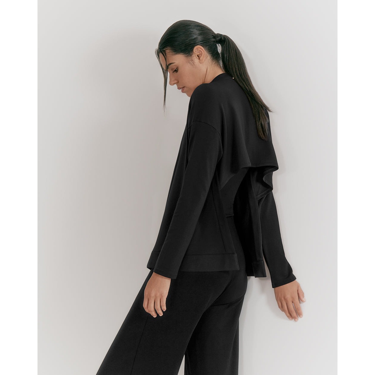 Cuyana Top Womens Medium Black French Terry Wrap High Low Wrap Cardigan Travel