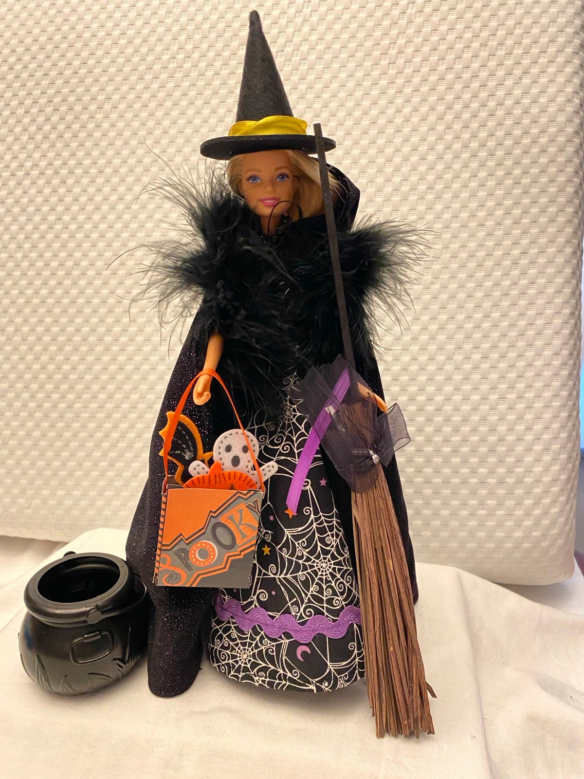 Witch fashion doll Barbie Halloween decor. Handmade clothes & hat.