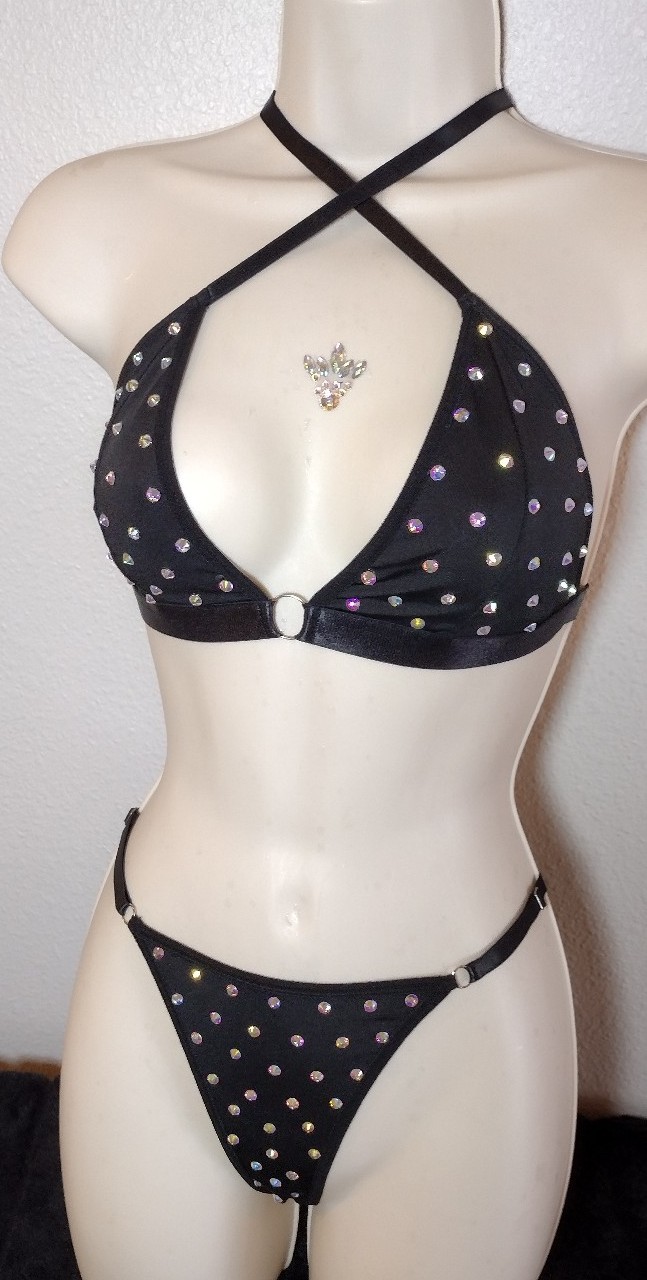Black Rhinestoned AB 2Pc Lingerie Thong Set Dancewear Costume Party Exotic Wear