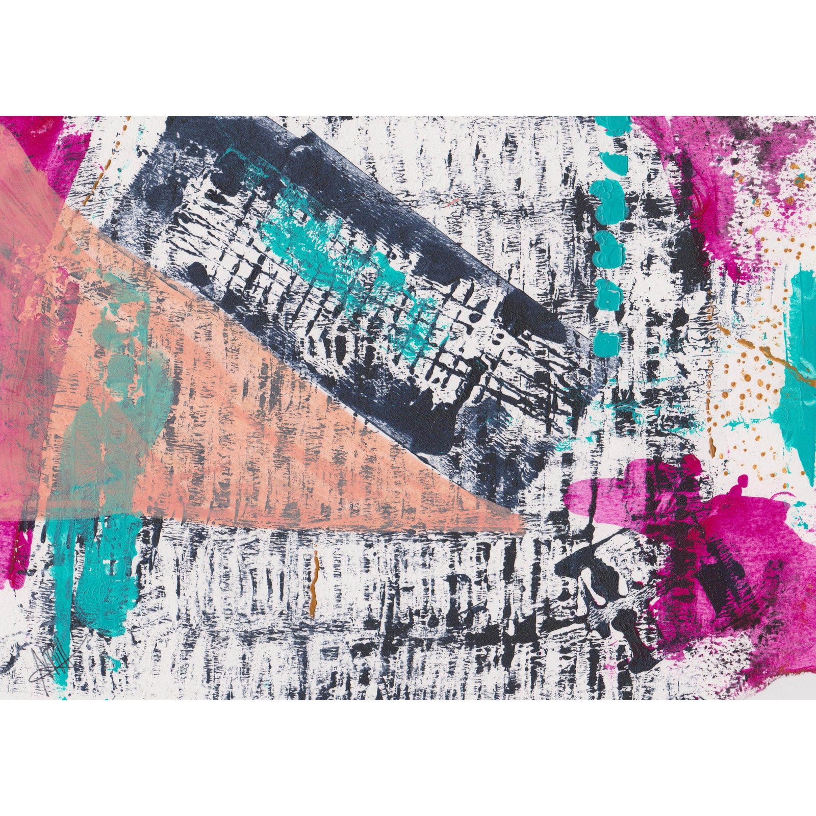 Original abstract painting signed small art in black, white, pink, aqua, peach