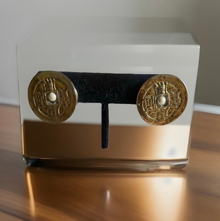 Rare Oversized Antique Chinese Brass Replica Coin Stud Earrings