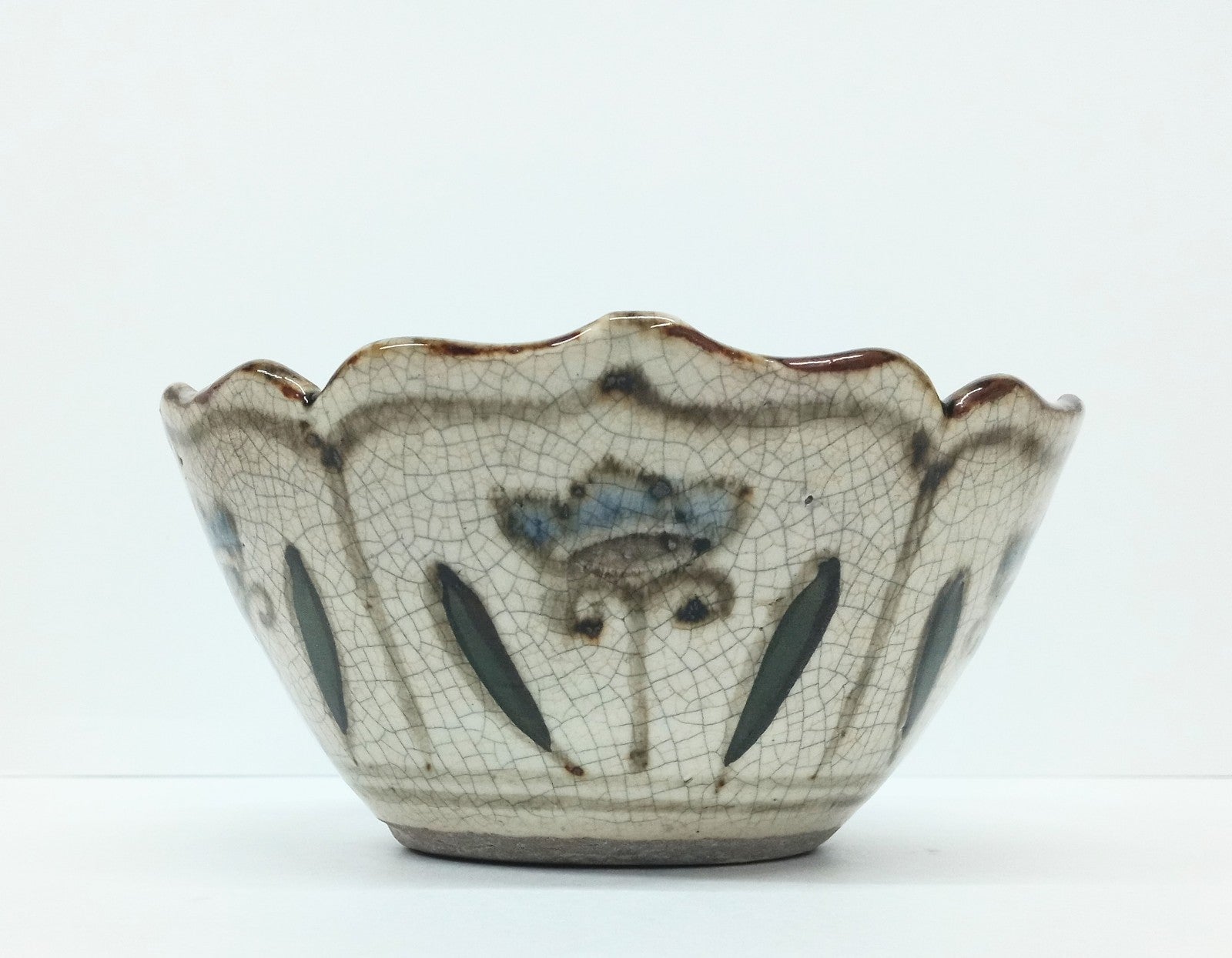 Vintage Studio Pottery Bowl Artist Signed Crackle Glaze Iris Flower