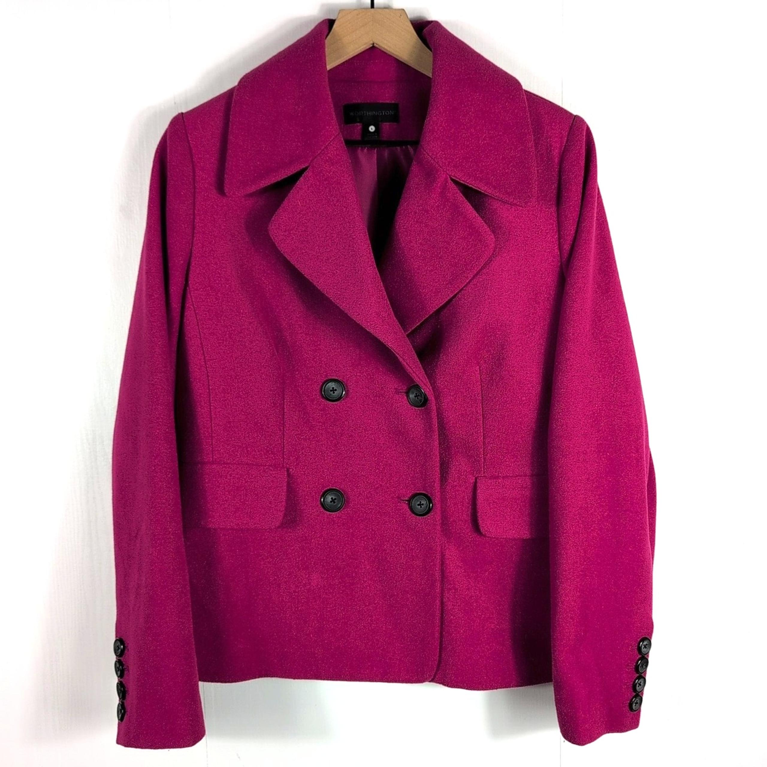 Women’s L Bright Pink Wool Blend Peacoat Jacket Double Breasted Coat - Worthington