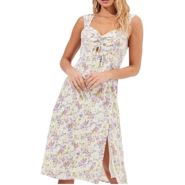 ASTR the label Cinched Bust Floral Print Midi Dress Slit Milkmade Cottage Core L