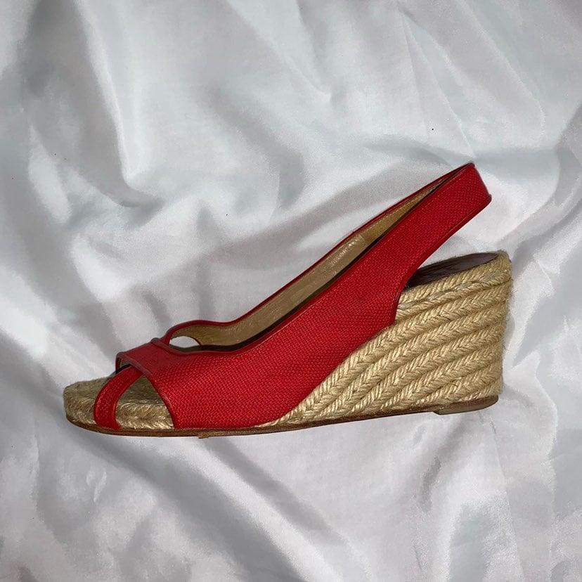 CHRISTIAN LOUBOUTIN size 38 red slingback wedge espadrilles