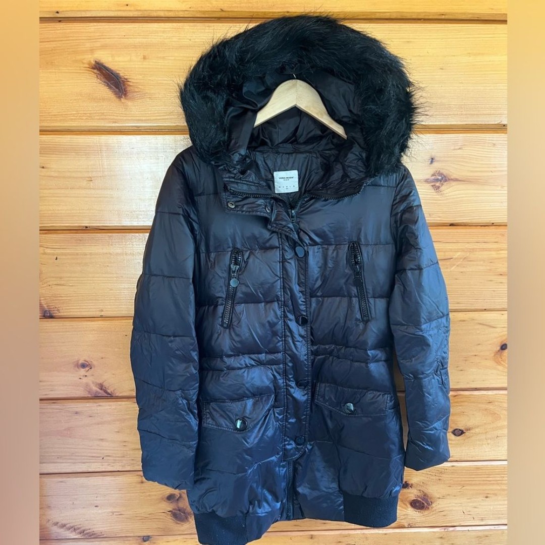 VERO MODA DENIM Black Removable Fur Trim Full Zip & Snaps Puffers Coat M
