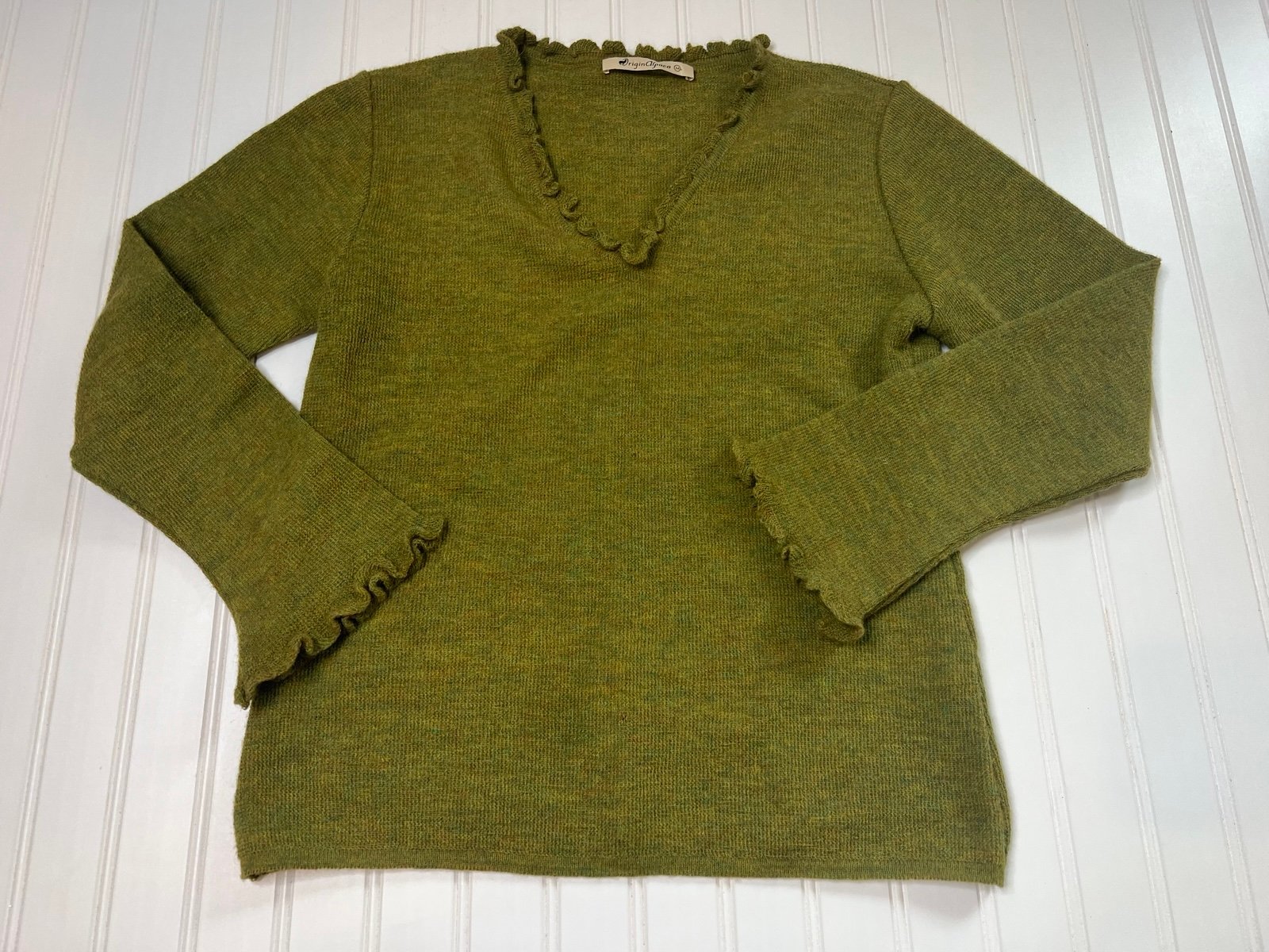 Origin Alpaca Sweater 100% Alpaca Women Ruffle Trim Medium Green. 268