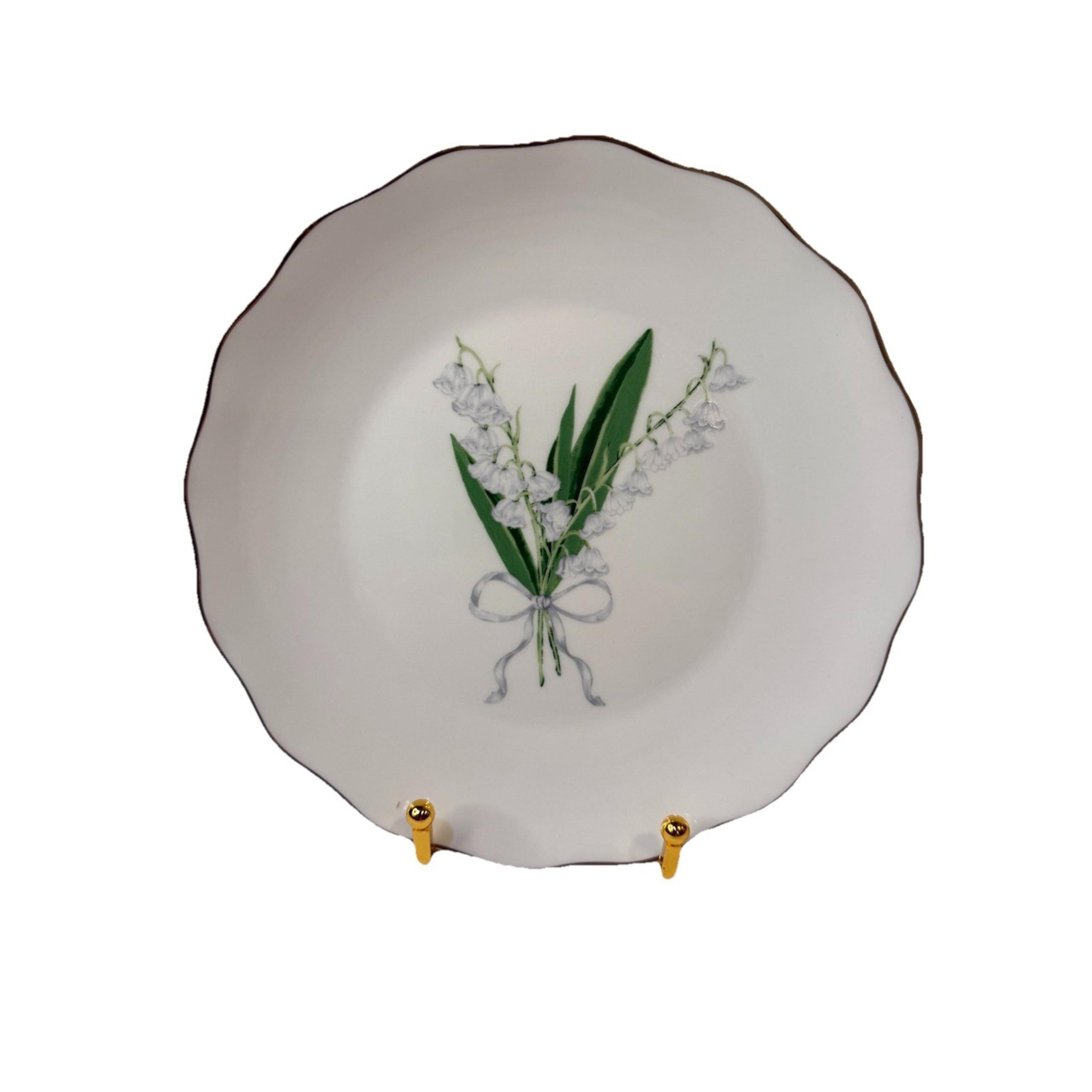 4 Lily of the Valley Coquette Bow Salad Plates 8" Gold Scalloped Trim Godinger