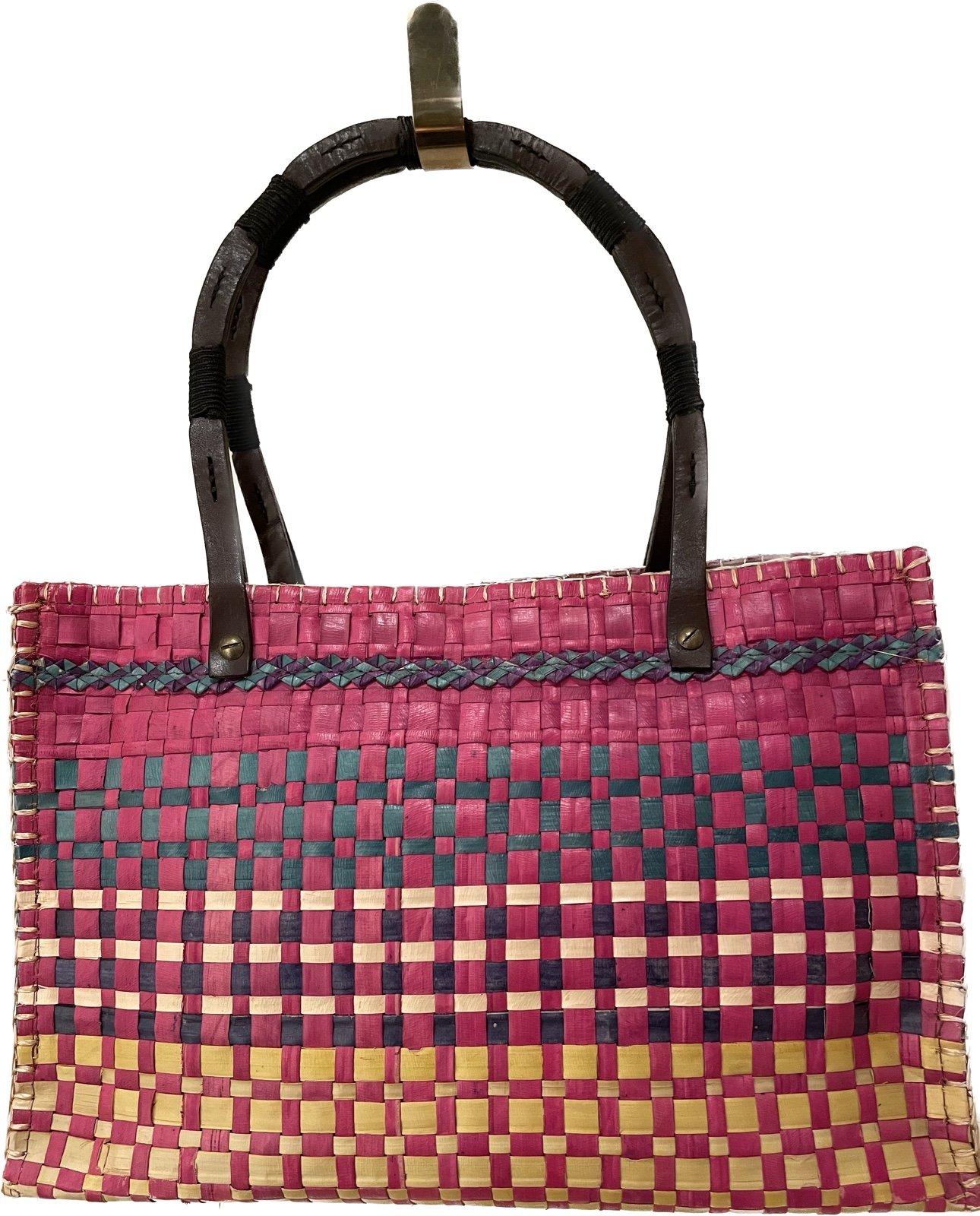 Espirit multi-colored straw woven bag with leather / wooden handles